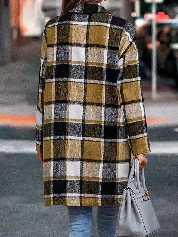 Women's Winter Plaid Wool Overcoat with Lapel - Elegant Warm Coat for Office, Dating & Outdoor Activities