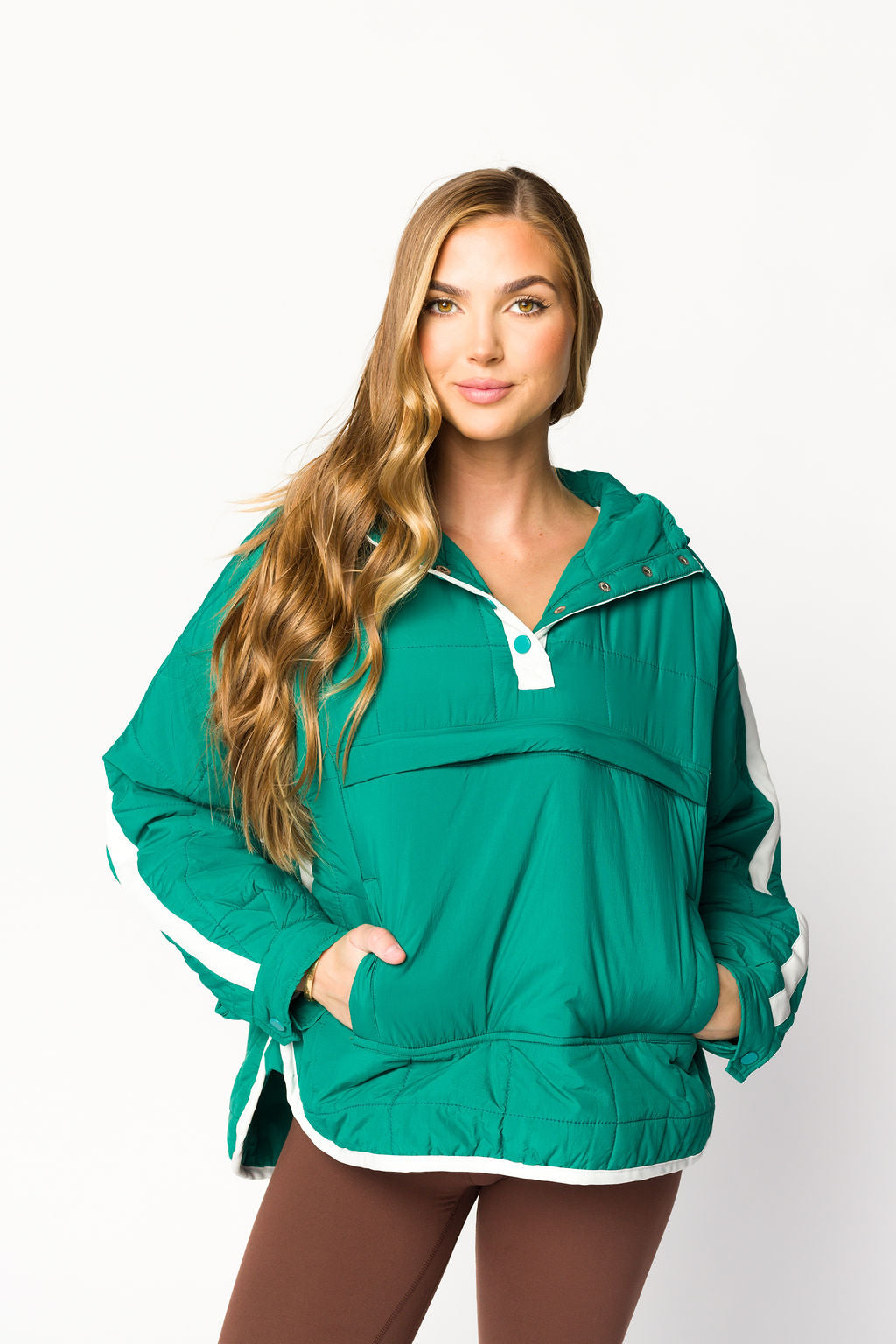Joanna Quilted Puffer Pullover Jacket for Women - Warm Winter Hooded Coat in Hunter Green/White | Outdoor Hiking, Skiing & Casual Wear