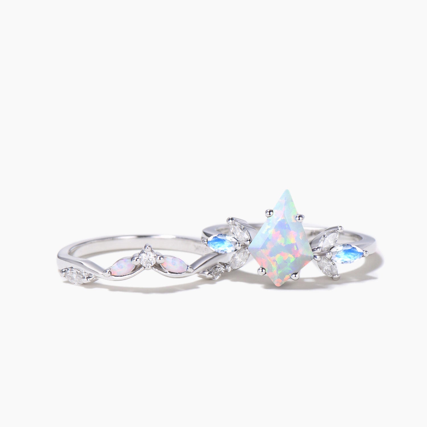 Elegant Kite Cut White Opal Engagement Ring with Moonstone Cluster - Vintage Bridal Wedding Ring Set for Women - Perfect for Proposals, Anniversaries & Romantic Occasions