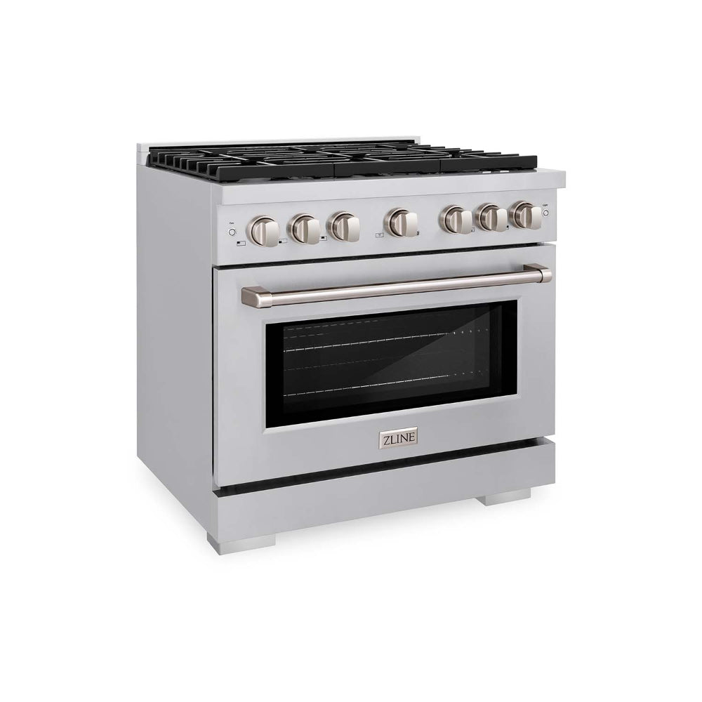 ZLINE 36 Inch Stainless Steel Gas Range Kitchen Package with Convertible Vent Hood & Microwave Drawer - 3KP SGRRH36 MW - Perfect for Modern Kitchens & Open Concept Homes
