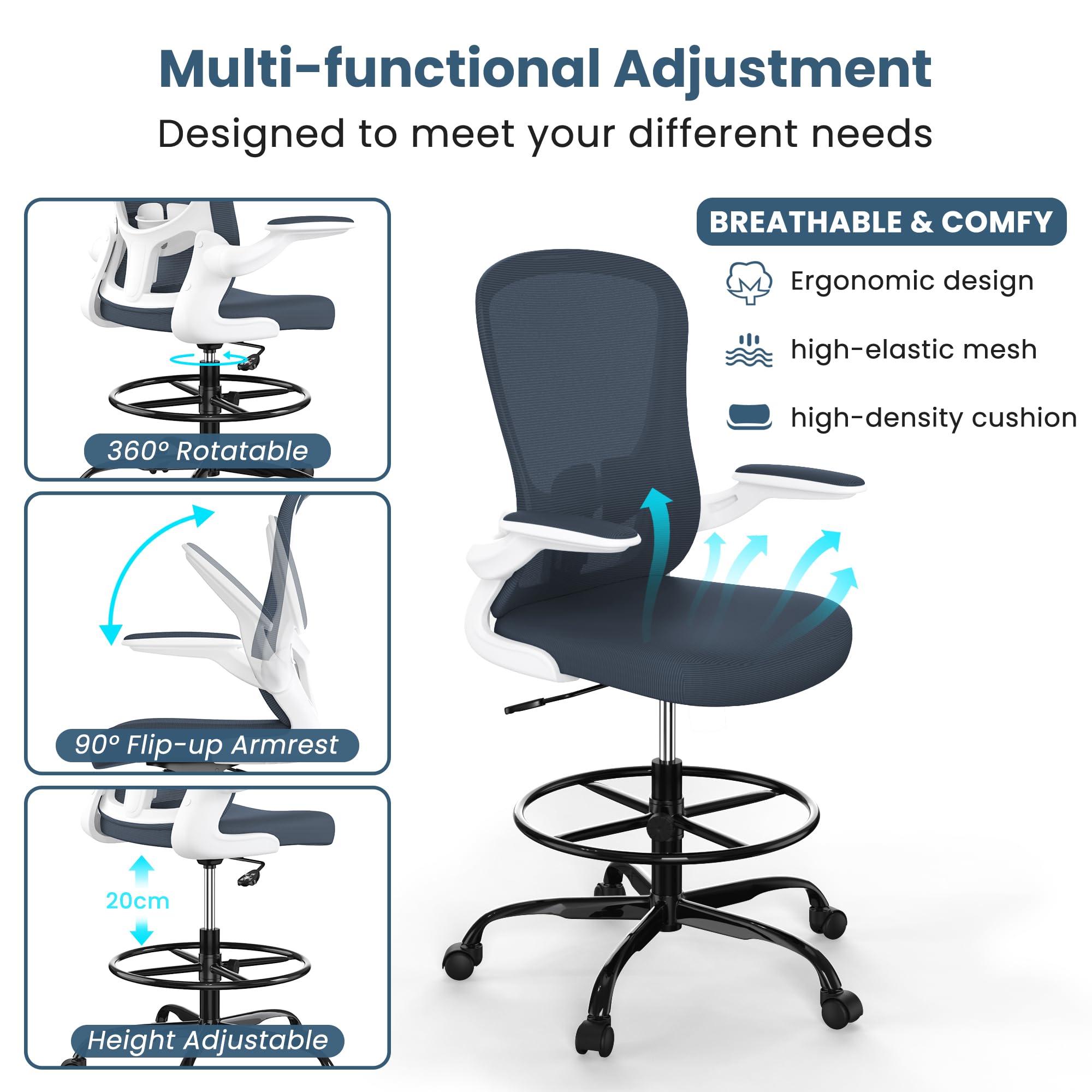 Ergonomic Drafting Chair with Flip-Up Armrests & Adjustable Footrest - Tall Office Chair for Computer Work, Standing Desk - Executive Chair with Lumbar Support - Perfect for Architects, Designers & Long Work Sessions