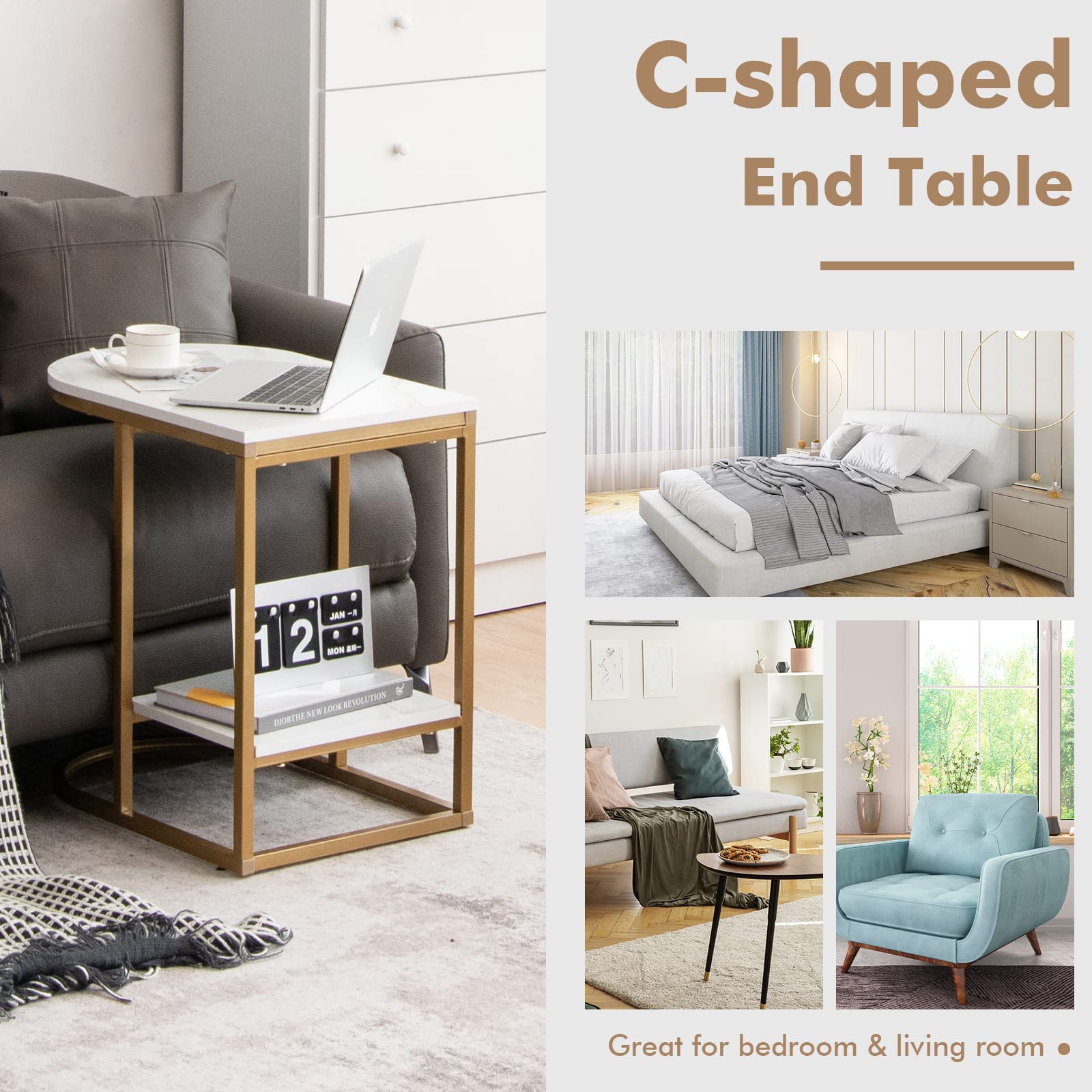 Giantex 2-Piece C-Shape Side Table Set - 2-Tier Faux Marble End Table with Storage Shelf & Sturdy Metal Frame, Sliding Sofa Table for Living Room, Bedroom Nightstand (White & Gold) | Perfect for Small Spaces, Apartment Decor & Coffee Table Alternative