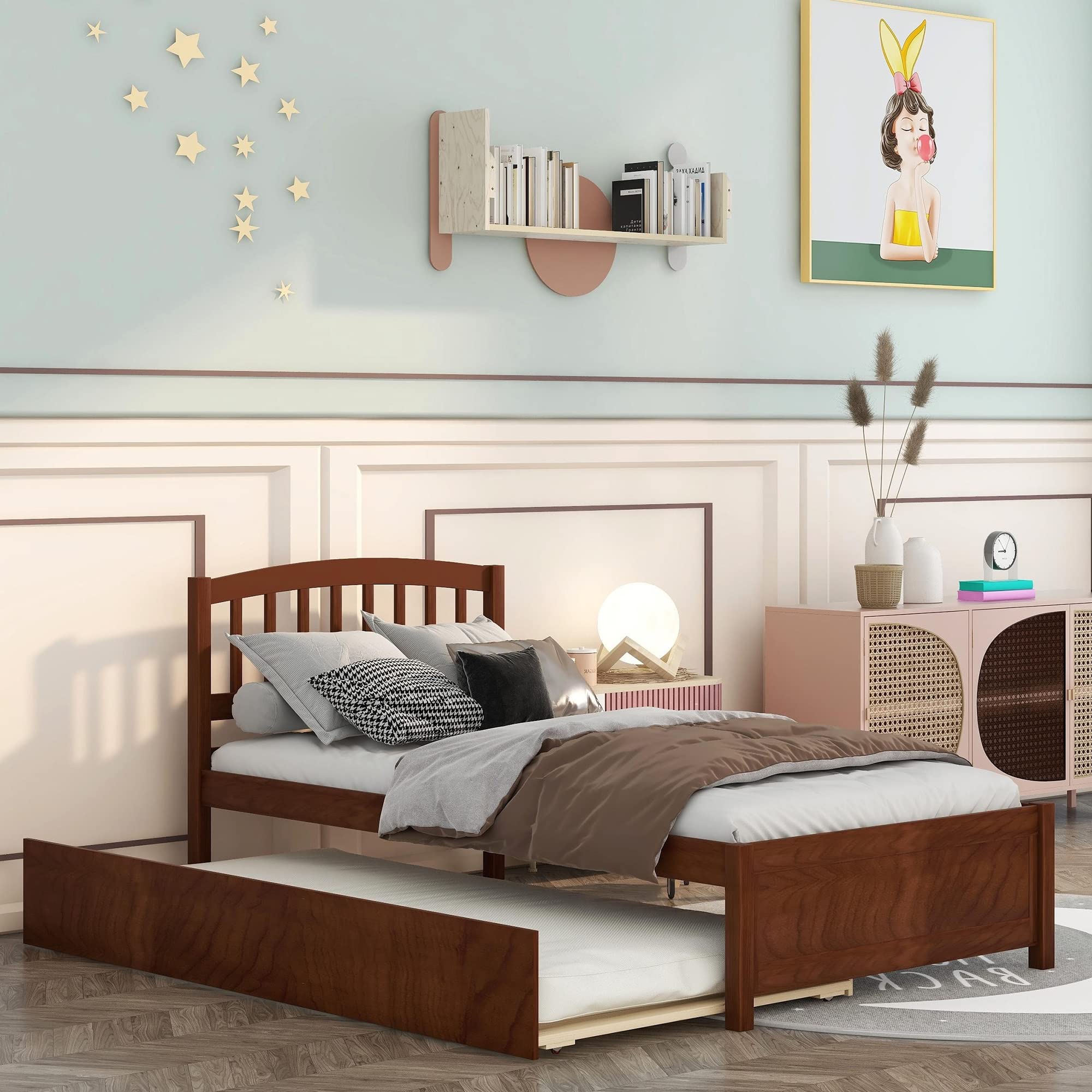 Harper & Bright Designs Twin Size Wooden Platform Bed with Trundle & Headboard - Sturdy Kids Bed Frame in Walnut Finish for Small Spaces, Guest Rooms & Children's Bedrooms