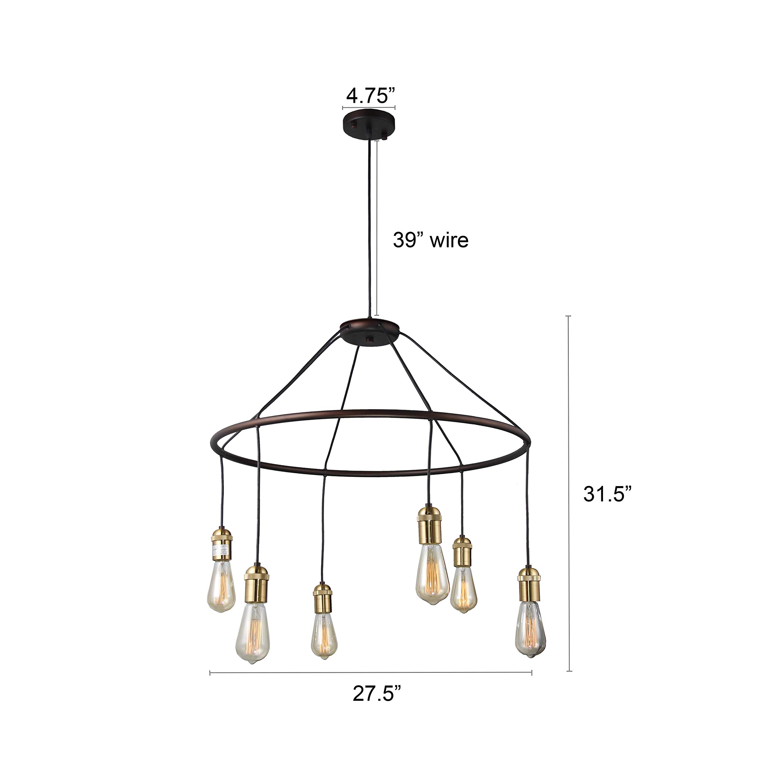 6-Light Modern Farmhouse Chandelier - Rustic Industrial Circular Ceiling Light Fixture with Edison Bulbs for Dining Room, Living Room & Bedroom Lighting