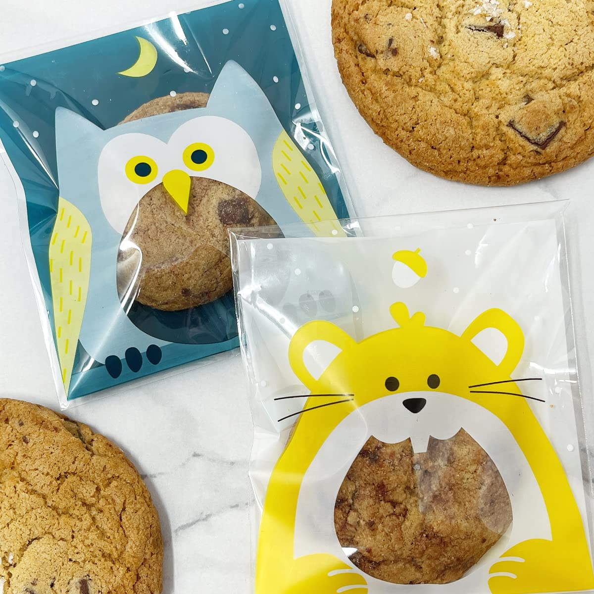 Allydrew 4x4 Inch Clear Self-Adhesive Candy Bags - 200 Pack Resealable Treat Bags for Cookies, Candies, Party Favors - Perfect for Birthday Parties, Baby Showers & Wedding Favors - Cute Owl & Squirrel Design