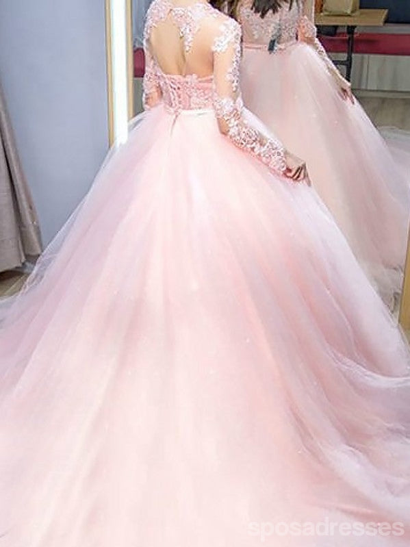 Elegant Pink A-Line Long Sleeve Prom Dress with Jewel Details - Formal Evening Gown for Homecoming, Ball, Wedding & Special Occasions - Style 12829