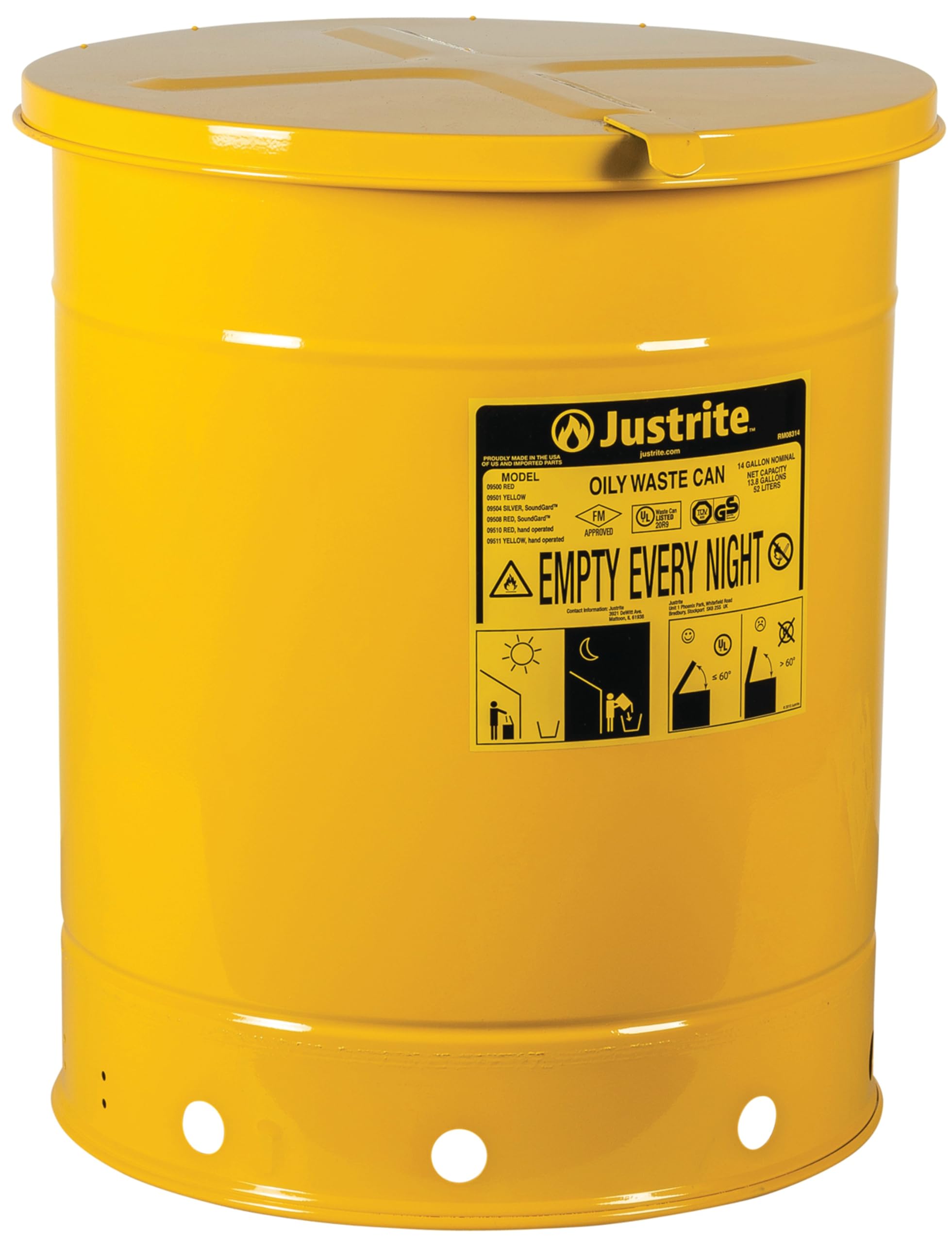Justrite 14 Gallon Galvanized Steel Oily Waste Can with Self-Closing Lid - 20