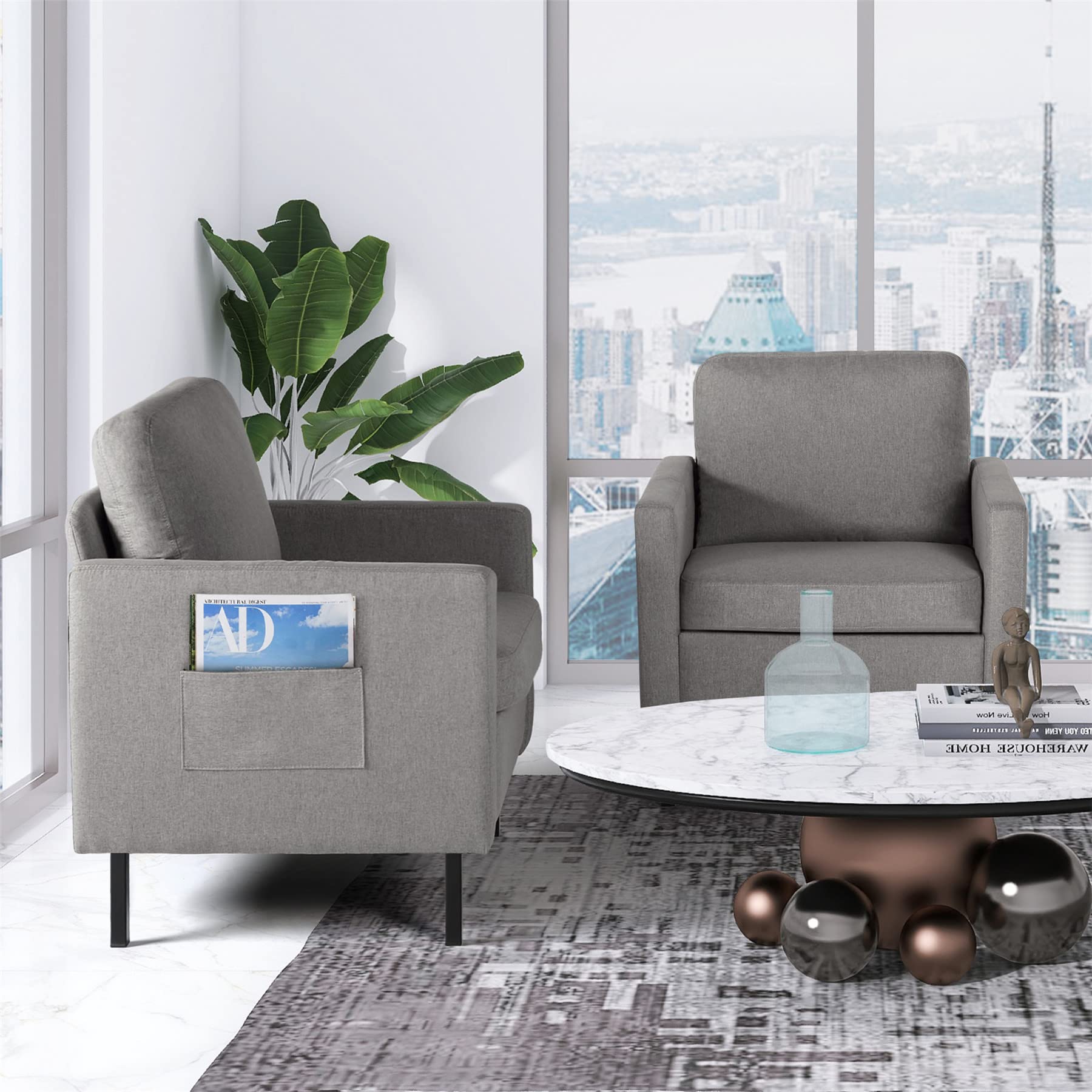 STHOUYN 2-Piece Fabric Accent Chair Set - Comfy Small Armchair for Living Room, Bedroom, Office & Reading Nook - Space-Saving Design in Light Grey - Perfect for Apartments, Dorms & Cozy Corners