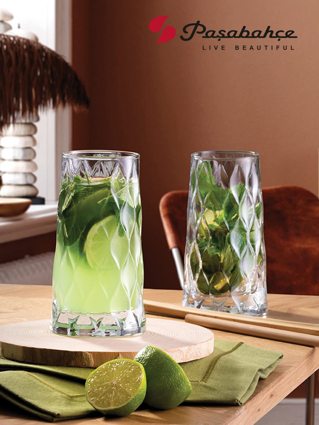 Premium Pasabahce Leafy Long Drink Glasses - Set of 6 (345ml) - Elegant Water, Cocktail & Mocktail Glasses for Parties, Dining & Home Bar Decor