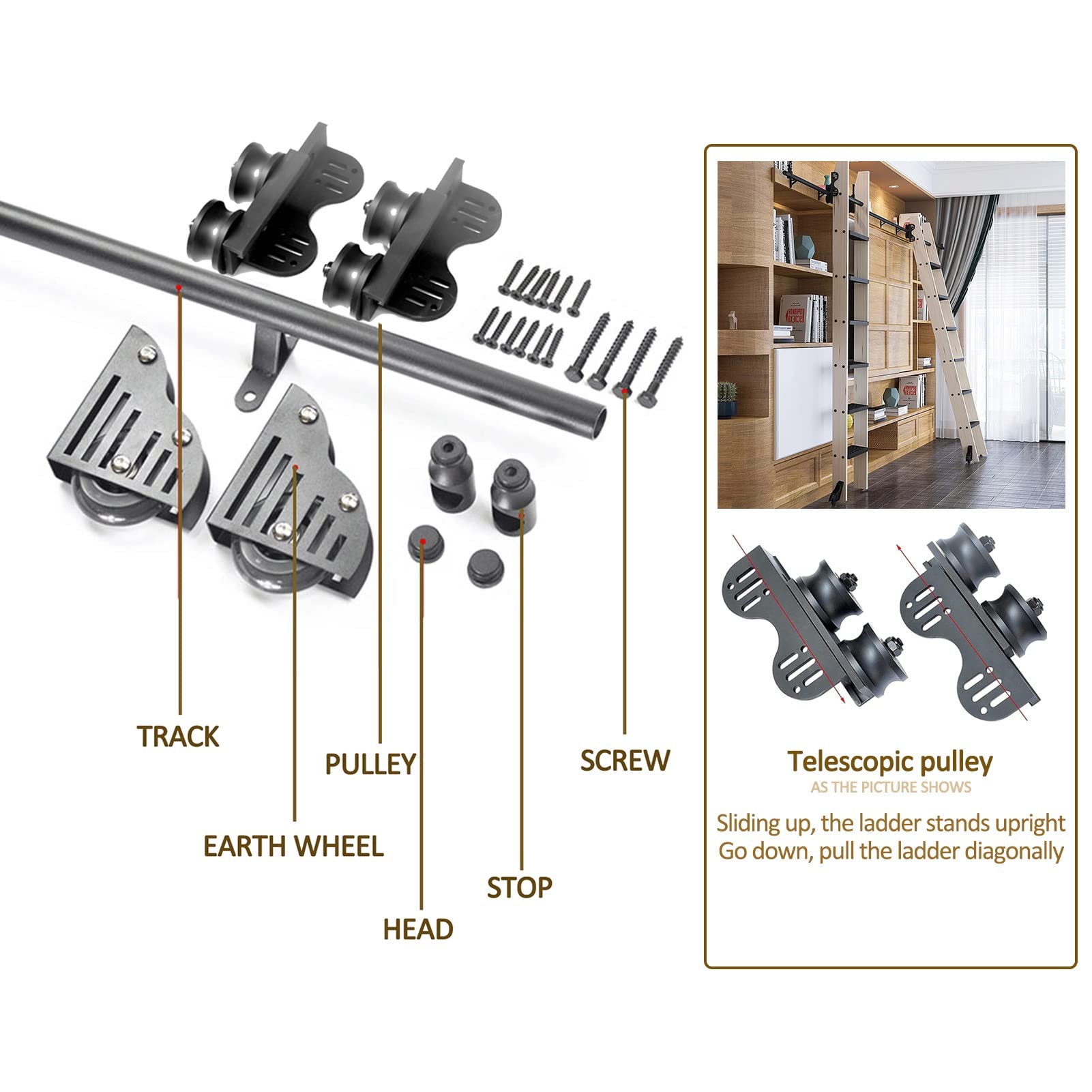 Sliding Barn Door Kit 3.3ft-20ft with Floor Roller Wheels - Heavy Duty Extension Rolling Library Rail System - Complete Hardware Set (No Ladder Included) - Retractable Round Tube Mobile Ladder Track for Loft, Home, Indoor, Bookstore, Office, Warehouse, and Garage Use