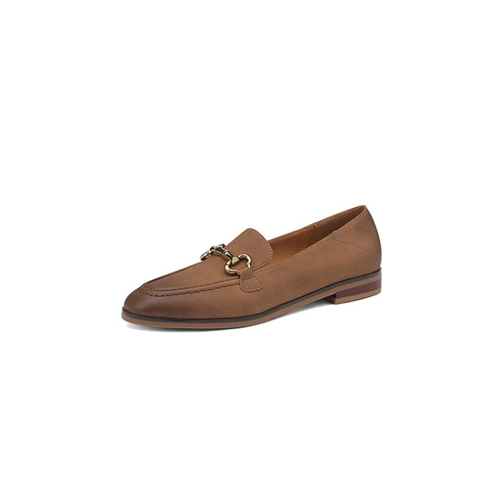 GyLazhuziz Women's Loafers - Split Leather Round Toe Low Heel Slip-On Shoes for Spring & Autumn | Comfortable Casual & Office Wear | Solid Brown (Size 35)