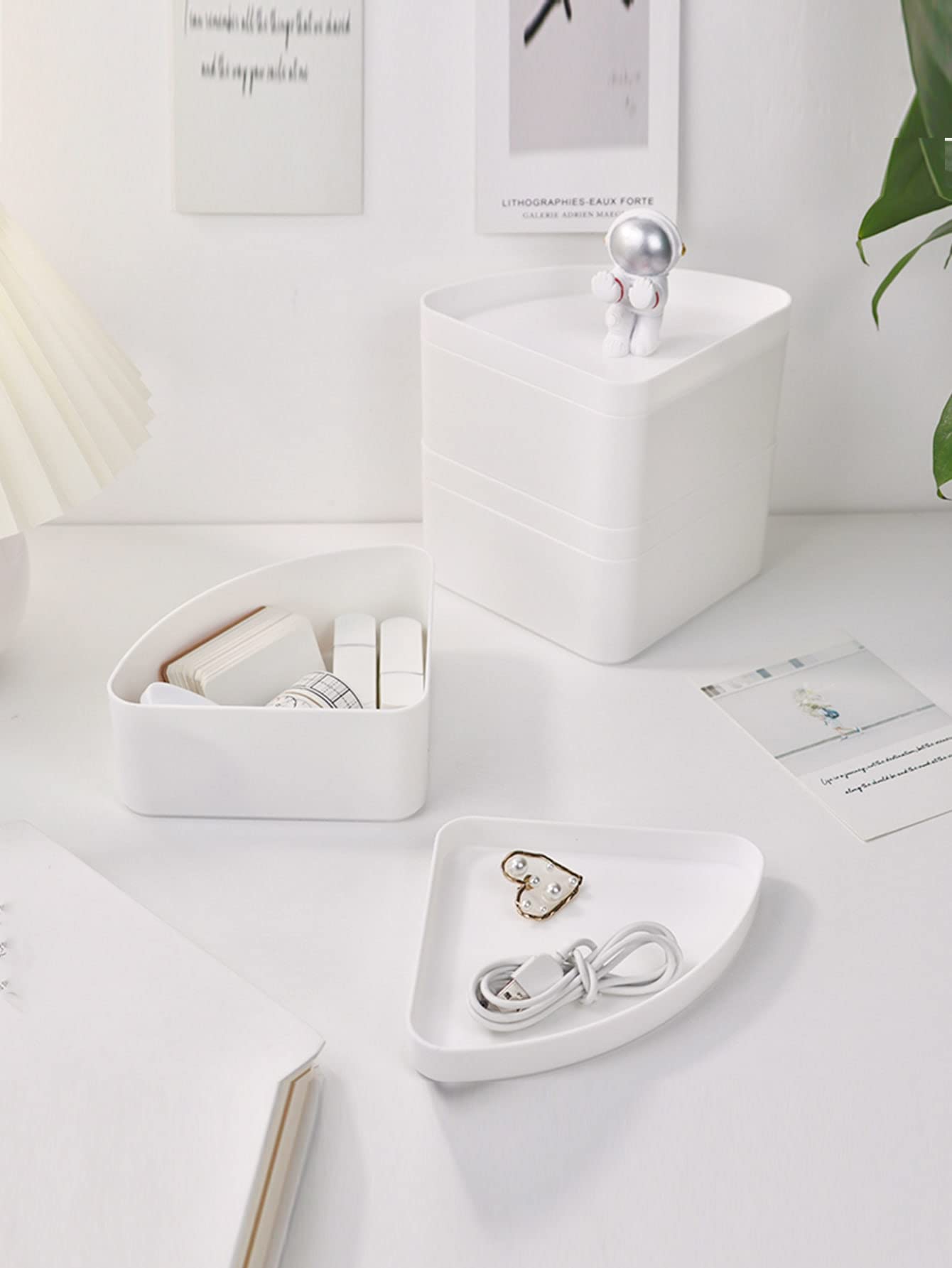 Foldable Triangle Desk Storage Box - White Collapsible Organizer Bin for Office, Home & Dorm Organization | Space-Saving Desk Accessory for Stationery, Makeup & Small Items