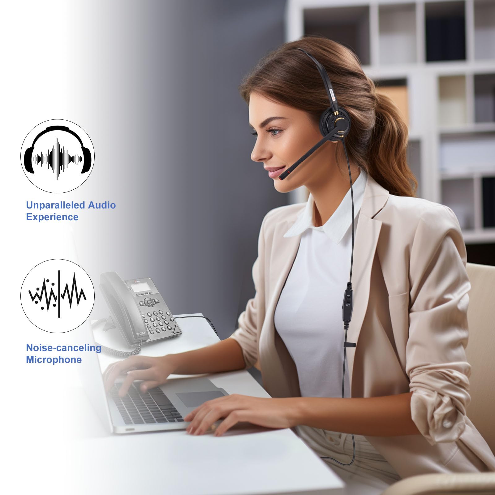 A800S2 Mono Corded Telephone Headset with Noise Canceling Microphone - Compatible with ShoreTel, Plantronics, Polycom, Zultys, Toshiba, NEC Aspire, Dterm, Nortel Norstar, Meridian, Packet8 Landline Desk Phones - Ideal for Office, Call Center, and Customer Service Use