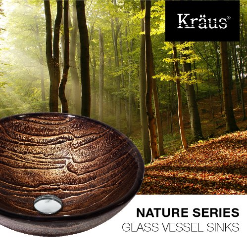 Kraus Gaia Glass Vessel Bathroom Sink with Ramus Faucet in Satin Nickel Finish - Modern Vanity Basin for Powder Room, Guest Bath, or Master Suite