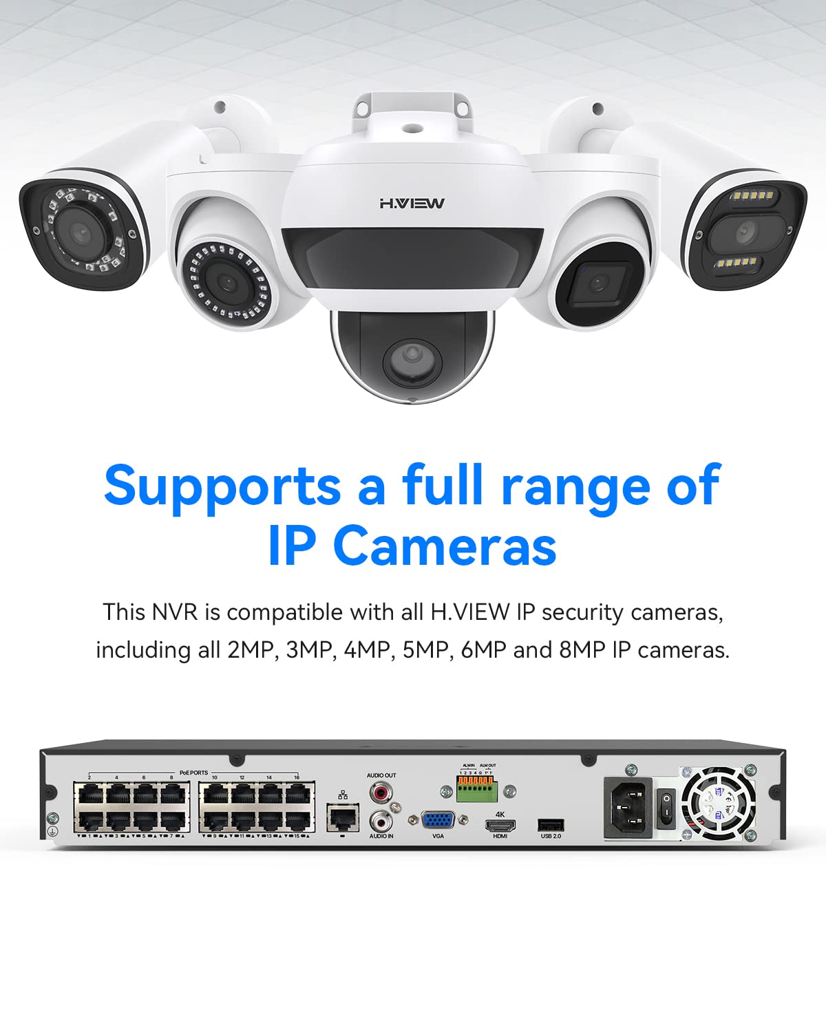 H.VIEW 16 Channel 4K/8MP PoE NVR Security System - Supports 16 x 4K IP Cameras, 16-Port PoE Switch, Up to 2x10TB HDD (Not Included) - Ideal for Home Security, Business Surveillance & 24/7 Monitoring