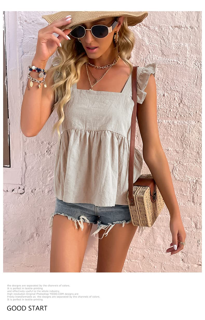 Women's Ruffle Cap Sleeve Babydoll Tank Top - Square Neck Flowy Tunic Shirt for Casual & Dressy Occasions | Perfect for Summer Outfits, Beach Wear, and Layering