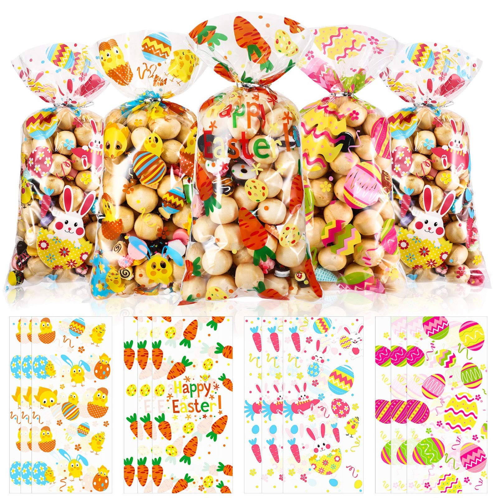 Blulu 100-Piece Easter Treat Bags Set - Clear Cellophane Goodie Bags with Bunny, Chick & Carrot Designs + 100 Silver Twist Ties - Perfect for Easter Egg Hunts, Classroom Treats & Party Favors