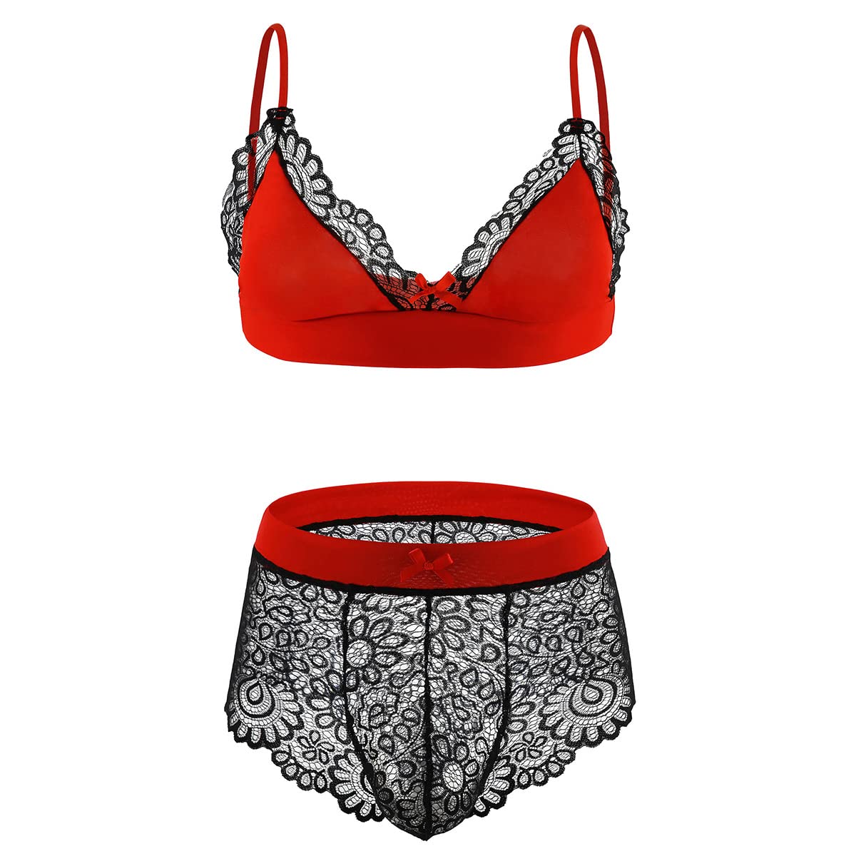 ABAFIP Men's Floral Lace Bra & Bikini Panty Set with Bowknot Stockings - 3 Piece Sissy Nightwear for Crossdressing, Sleepwear & Sensual Lingerie - Perfect for Role Play, Bedtime & Special Occasions