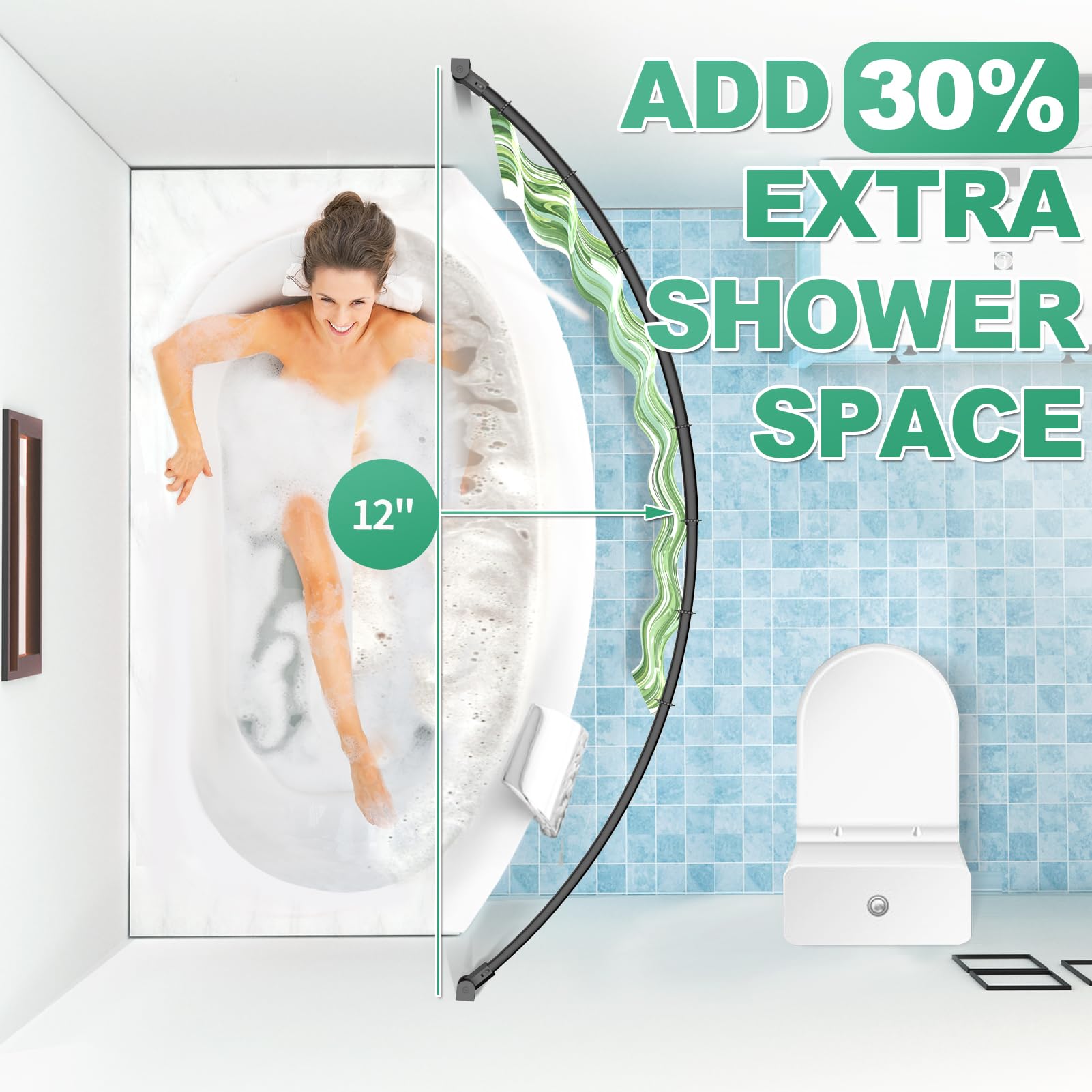 Adjustable Curved Shower Curtain Rod 38-72 Inches - Heavy Duty Metal Round Shower Rod with Rotating Brackets for Spacious Bathrooms (Black, Requires Drilling) - Perfect for Creating Extra Shower Space & Luxury Bathroom Experience