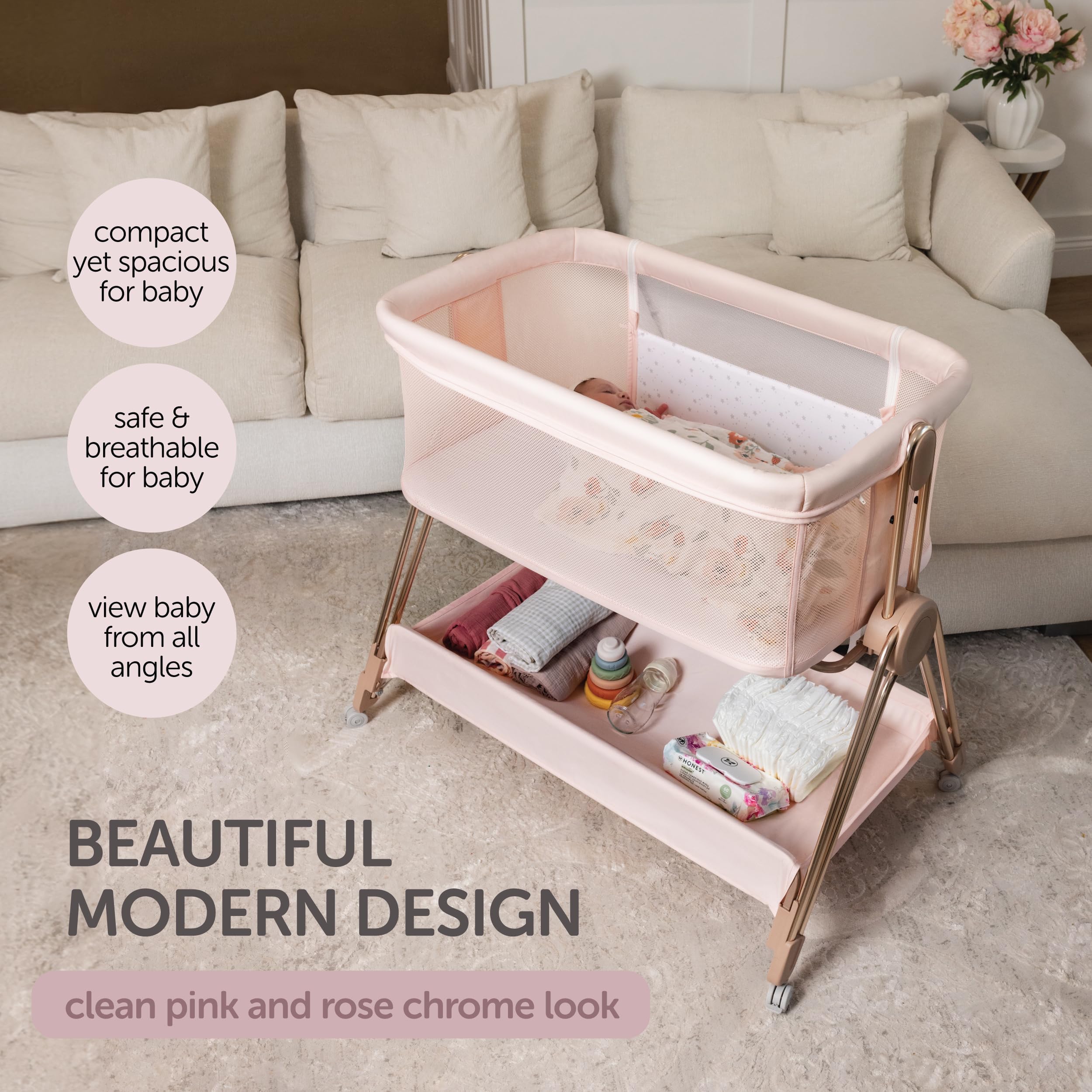 Adjustable Baby Bedside Sleeper Bassinet with Wheels - Portable Foldable Crib for Newborns & Infants - Safe Co-Sleeping Solution with Height Adjustment - Perfect for Nursery, Bedroom & Travel (Pink) - Ideal for Nighttime Feeding & Soothing Baby