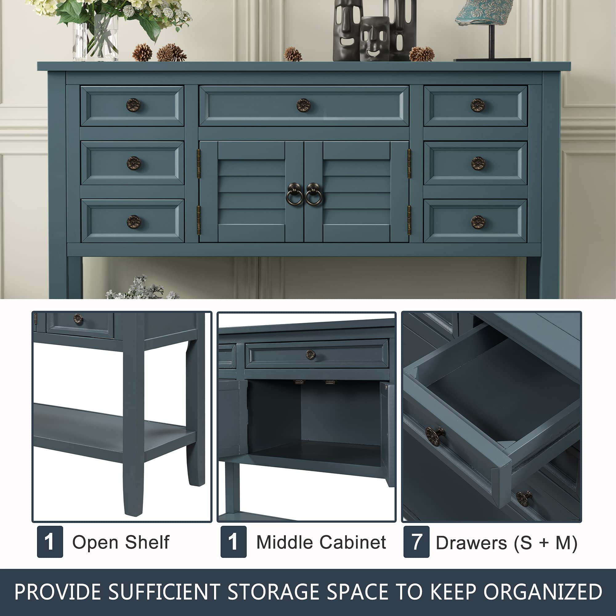 Amposei 45 Inch Modern Wooden Buffet Table with 7 Drawers & Open Shelf - Entryway Console Table, Sofa Table, Sideboard Storage Cabinet for Living Room, Kitchen, Bedroom, Hallway (Blue) | Perfect for Home Decor, Dining Room Storage & Small Space Organization