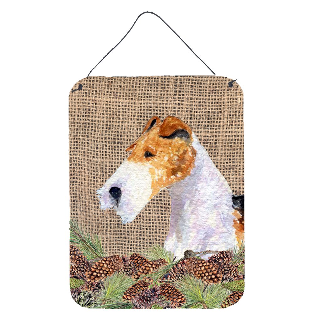 Fox Terrier Metal Wall Art Sign - 12x16 Inch Aluminum Home Decor with Faux Burlap & Pine Cones Design - Perfect for Kitchen, Bar, Bathroom, Front Door & Living Room Decor - Durable Indoor/Outdoor Hanging Plaque