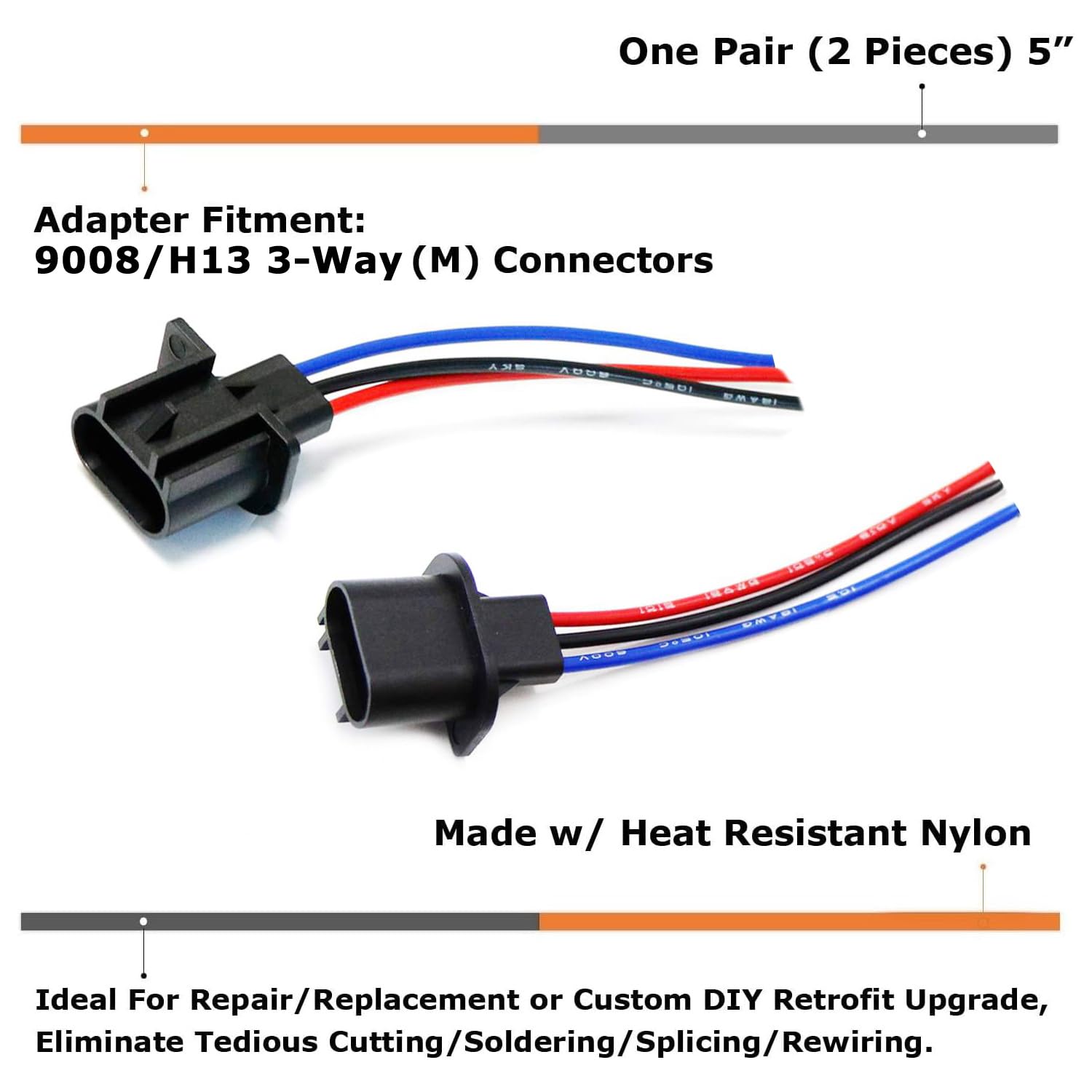 2-Pack 8 H13/9008 3-Way Male Adapter Pigtails - Compatible with LED/HID Light Conversion & Retrofit - Perfect for Car Headlight, Fog Light, and Off-Road Lighting Upgrades