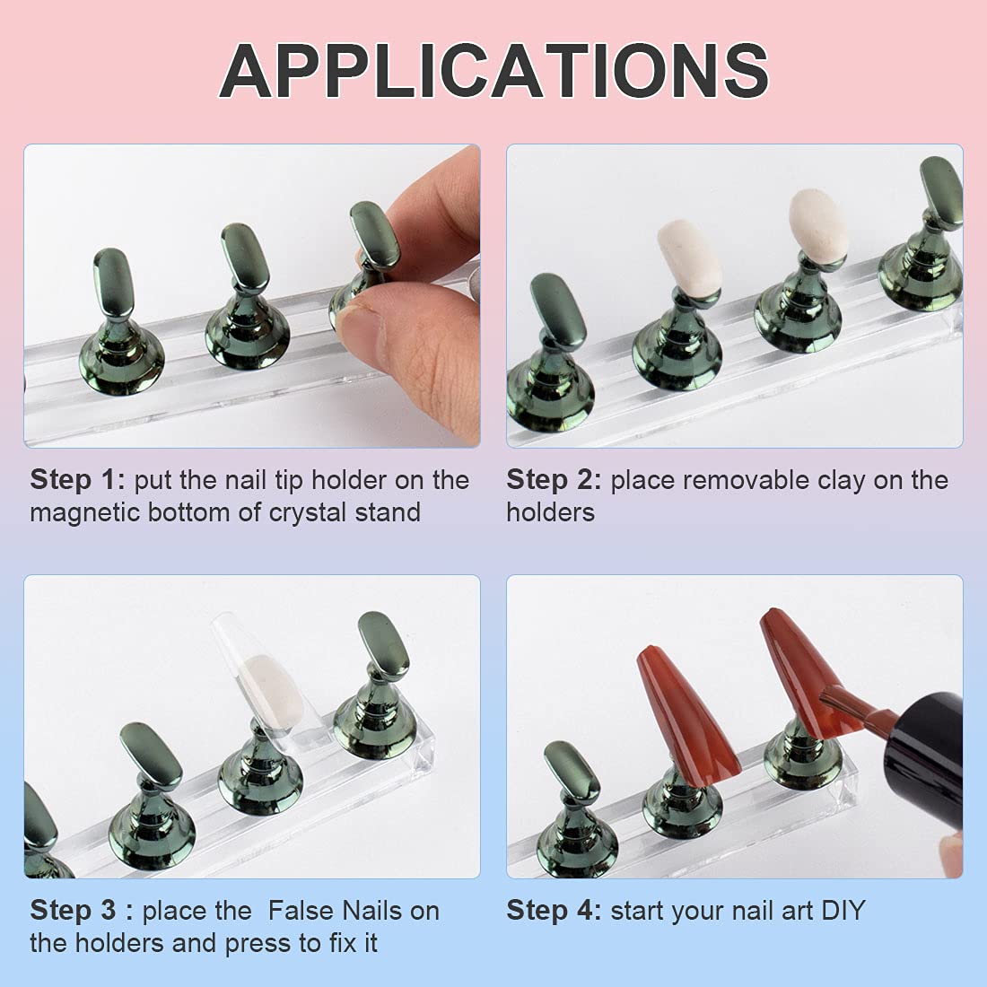 Magnetic Acrylic Nail Display Stand - 2 Pack Nail Art Practice Holder for False Tips & Manicure Tools (Bright Black) | Perfect for Salon Professionals, DIY Nail Artists & Home Manicure Practice