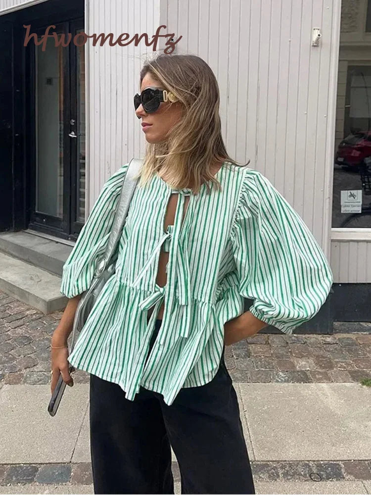 Elegant Striped Lace-Up Women's Blouse with Chic Bow & Puff Sleeves - O-Neck Hollow Out Design for Spring Summer Casual Wear | Perfect for Street Style, Office Outfits & Date Night Looks