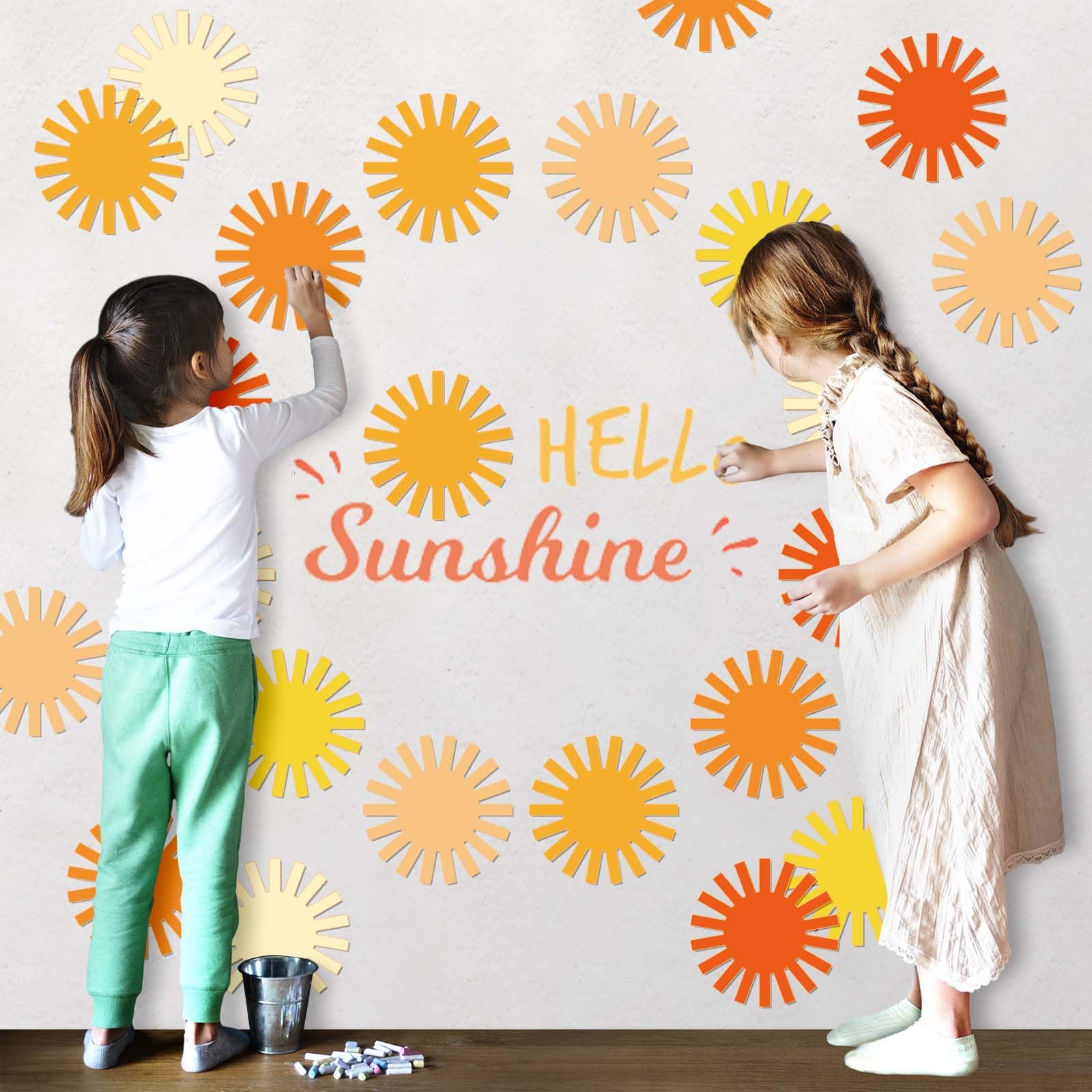 Boho Sun Cutouts - 48Pcs Groovy Sun Paper Cut-Outs with 100 Glue Points for DIY Craft, Summer Bulletin Board Decor, First Birthday Party, Classroom Wall Decoration, Baby Shower & Home Decor Supplies