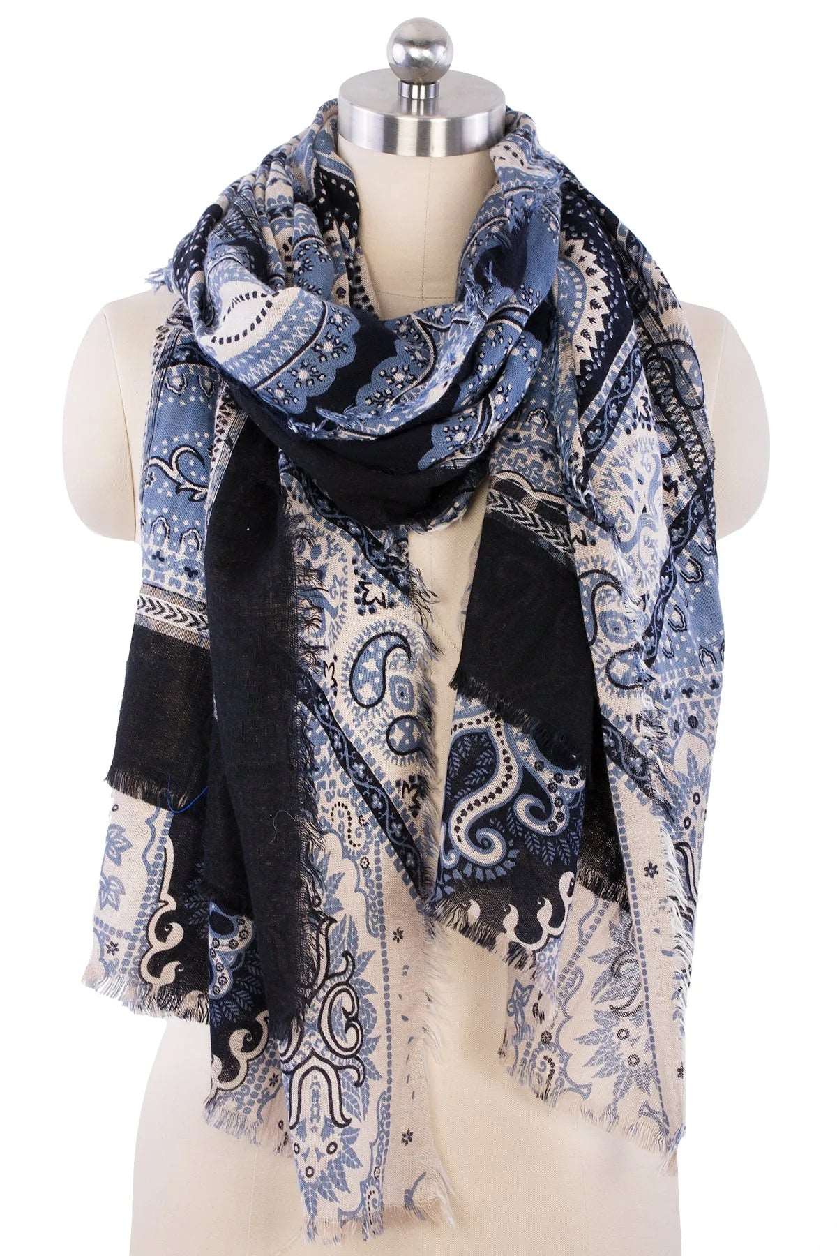Bohemian Paisley Patchwork Frayed Scarf - Lightweight Fashion Accessory for Women - Perfect for Fall Layering, Music Festivals & Casual Outfits