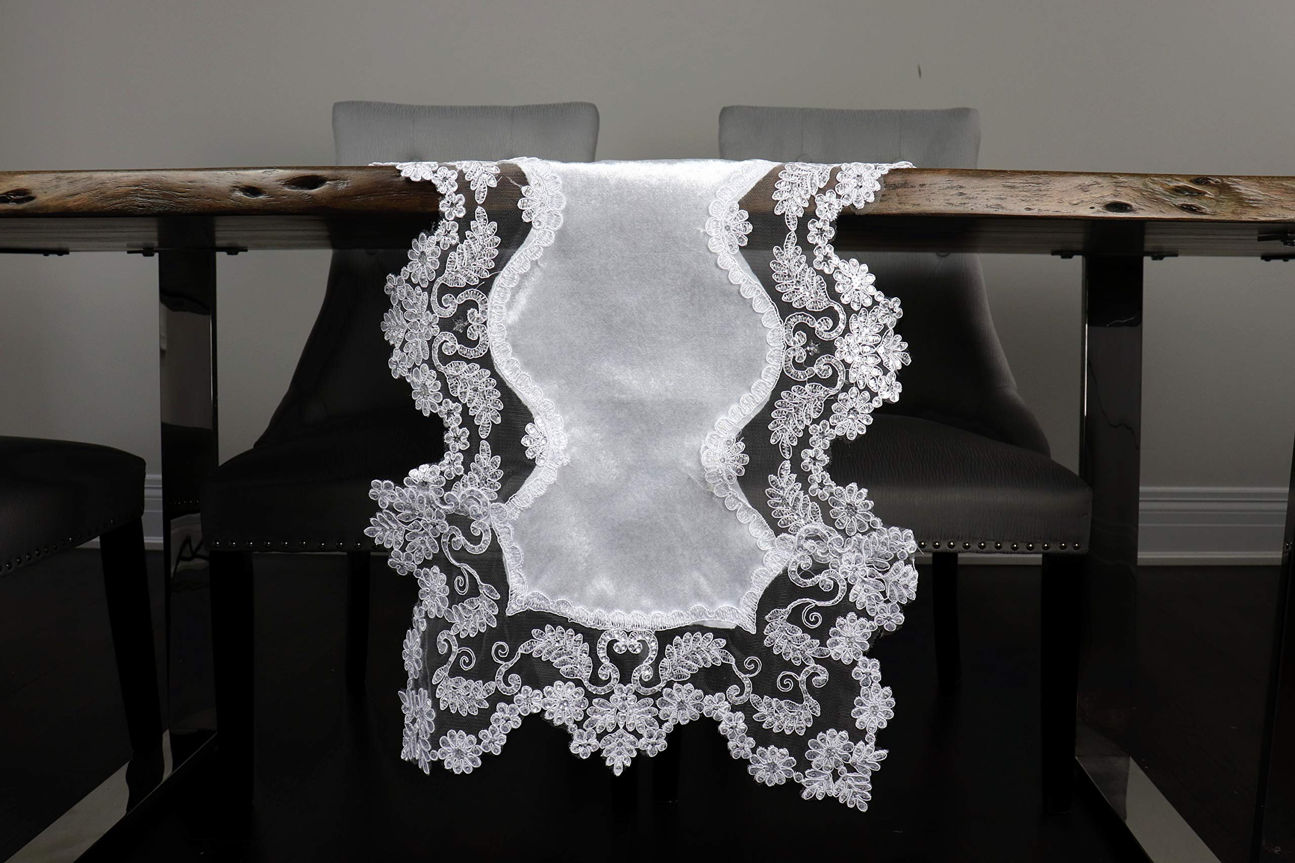 Vintage Embroidered Cutwork Table Runner & Dresser Scarf - Elegant White Velvet with Glitter Flowers, 16x36 Inch Rectangle for Kitchen, Dining, Coffee & Tea Tables - Perfect for Home Decor, Parties & Special Occasions
