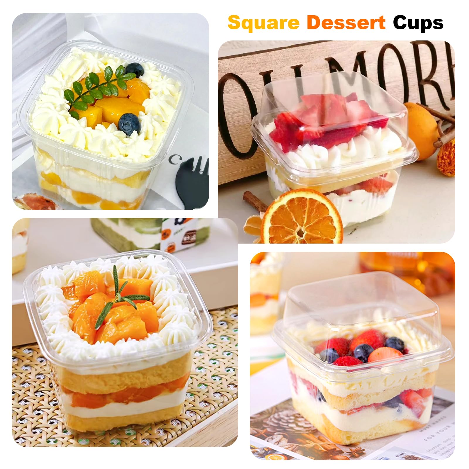 25Pcs 8oz Mini Square Clear Plastic Dessert Cups with Lids and Spoons - Disposable Ice Cream Containers, Fruit Cups for Party, Salads, Cupcakes, Parfait & Pudding - Perfect for Catering, Birthday Parties, and Home Dessert Serving