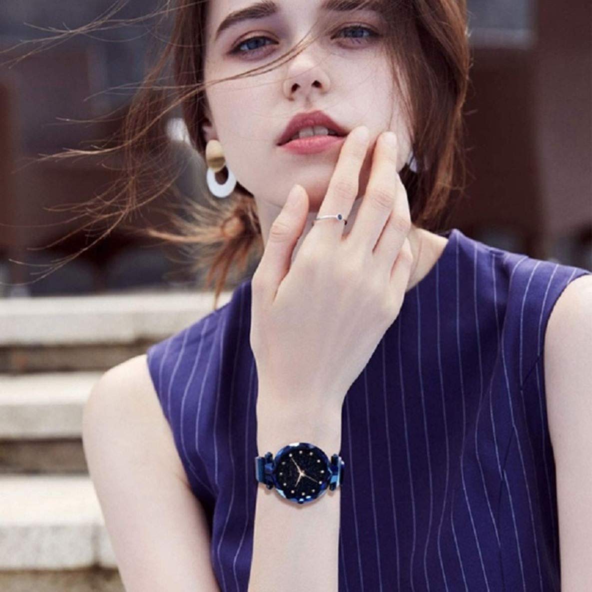 Premium Acnos Stainless Steel Women's Watch - Black Round Diamond Dial with Blue Magnet Belt, Analog Timepiece for Everyday Wear & Special Occasions (DM-Blue10) | Perfect for Office, Parties & Gifts