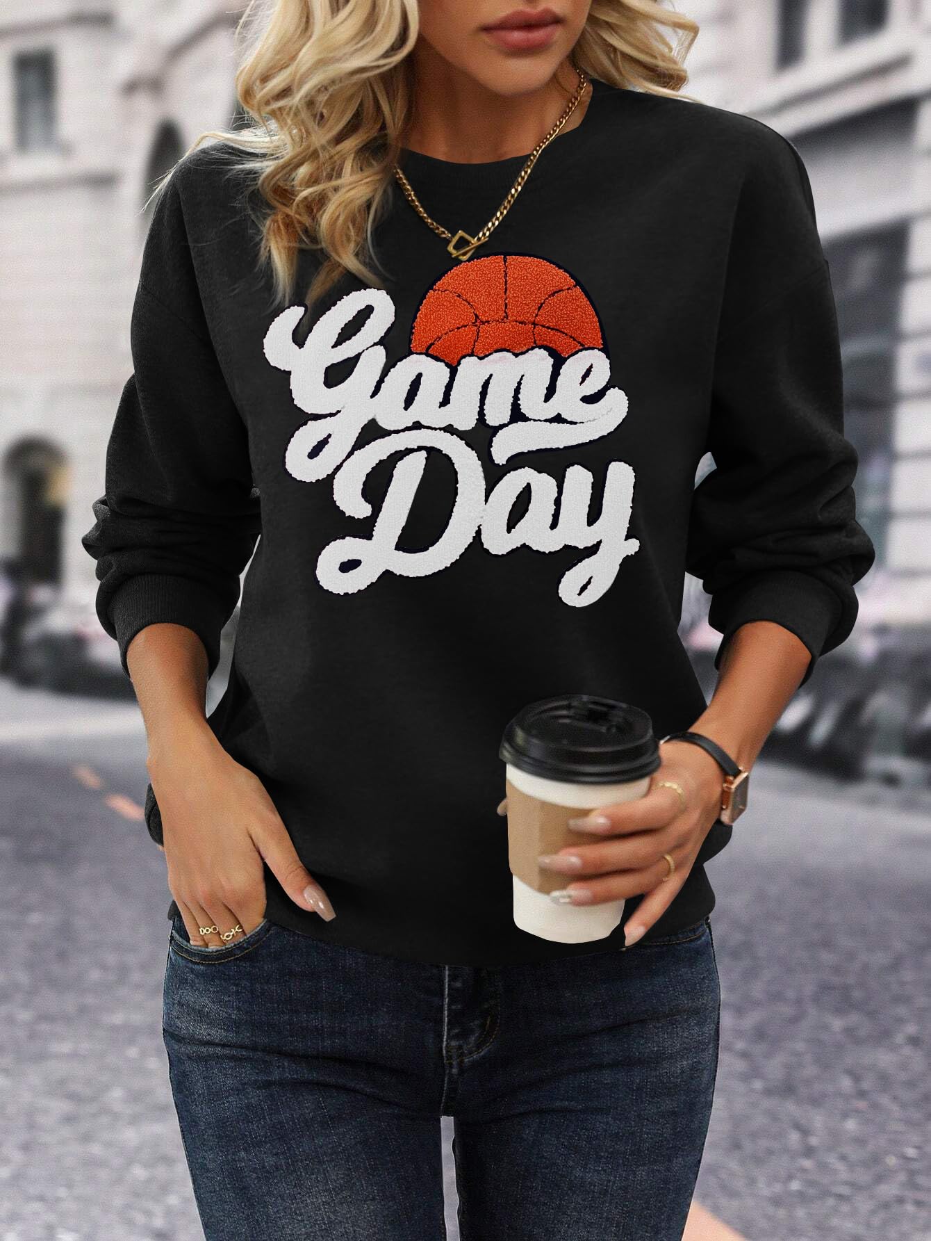 Women's Basketball Game Day Sweatshirt - Chenille Patch Graphic Long Sleeve Top for Casual Wear, Game Nights & Sports Events