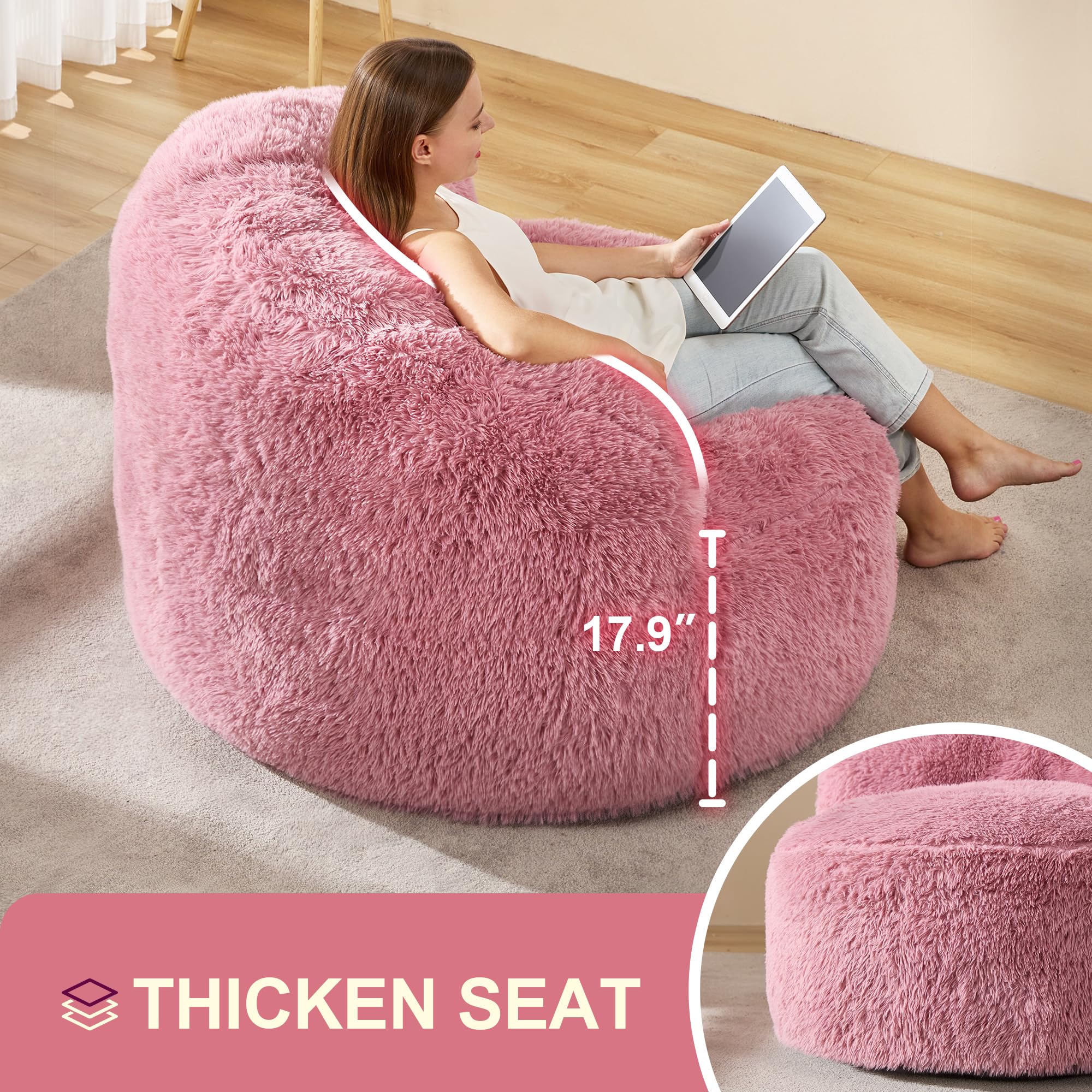 Hobestluk Giant Bean Bag Chair for Adults - Extra Large Foam Filled Lazy Sofa with Stuffed Back Support, Pink - Perfect for Living Room, Bedroom, Game Room & Relaxation