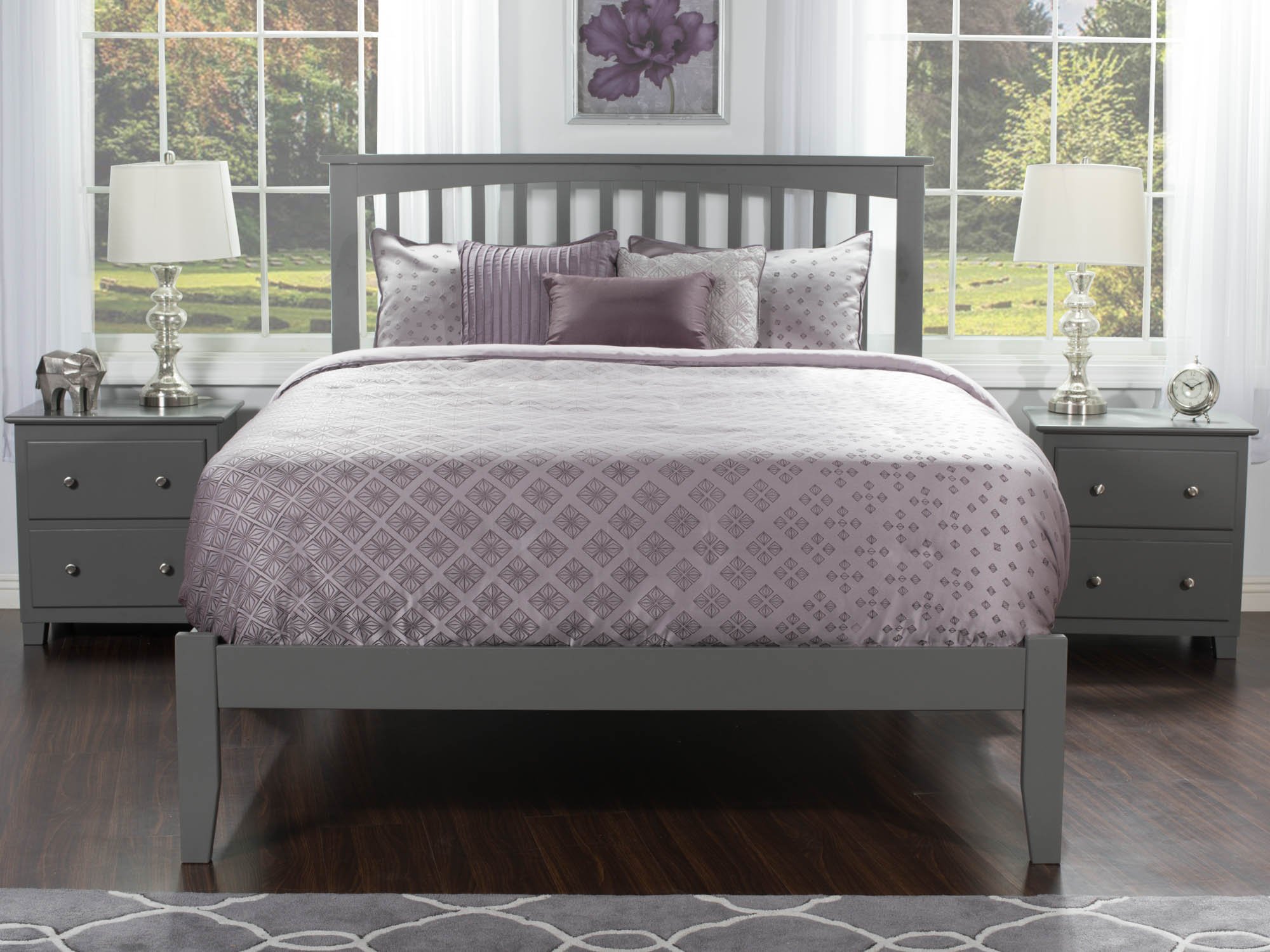 AFI Mission Queen Platform Bed Frame with USB Charging Ports - Modern Grey Wooden Bed for Small Spaces, Perfect for Apartments & Guest Rooms