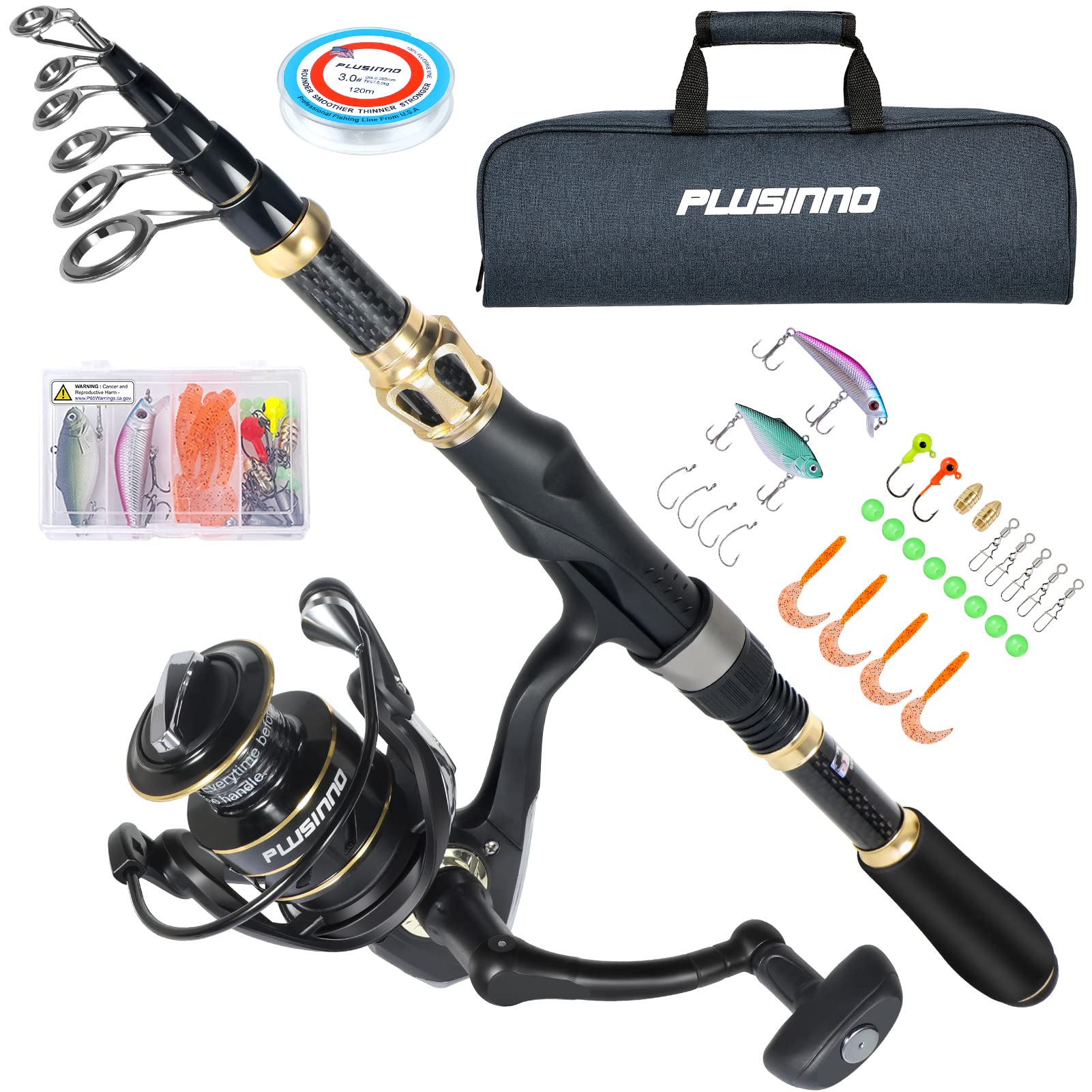 PLUSINNO Telescopic Fishing Rod and Reel Combo Kit with Spinning Reel & Carrier Bag - Lightweight Portable Fishing Pole for Freshwater & Saltwater Fishing - Perfect for Men & Women Anglers (Great for Travel, Camping & Shore Fishing)