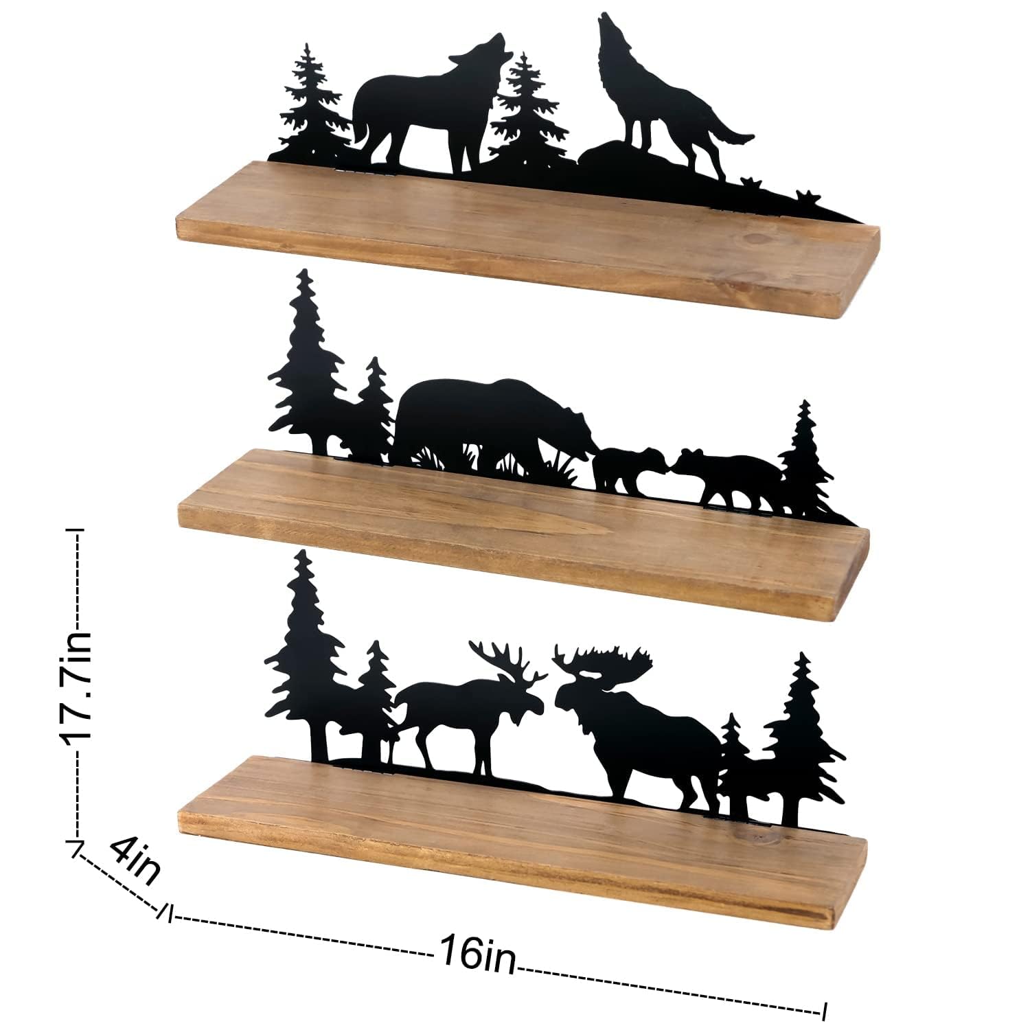 SOFFEE DESIGN Set of 3 Forest Themed Floating Shelves - Wooden Wall Decor with Metal Bear, Wolf & Deer Pine Pattern (Black Finish) - Perfect for Living Room, Bedroom or Nursery Decoration