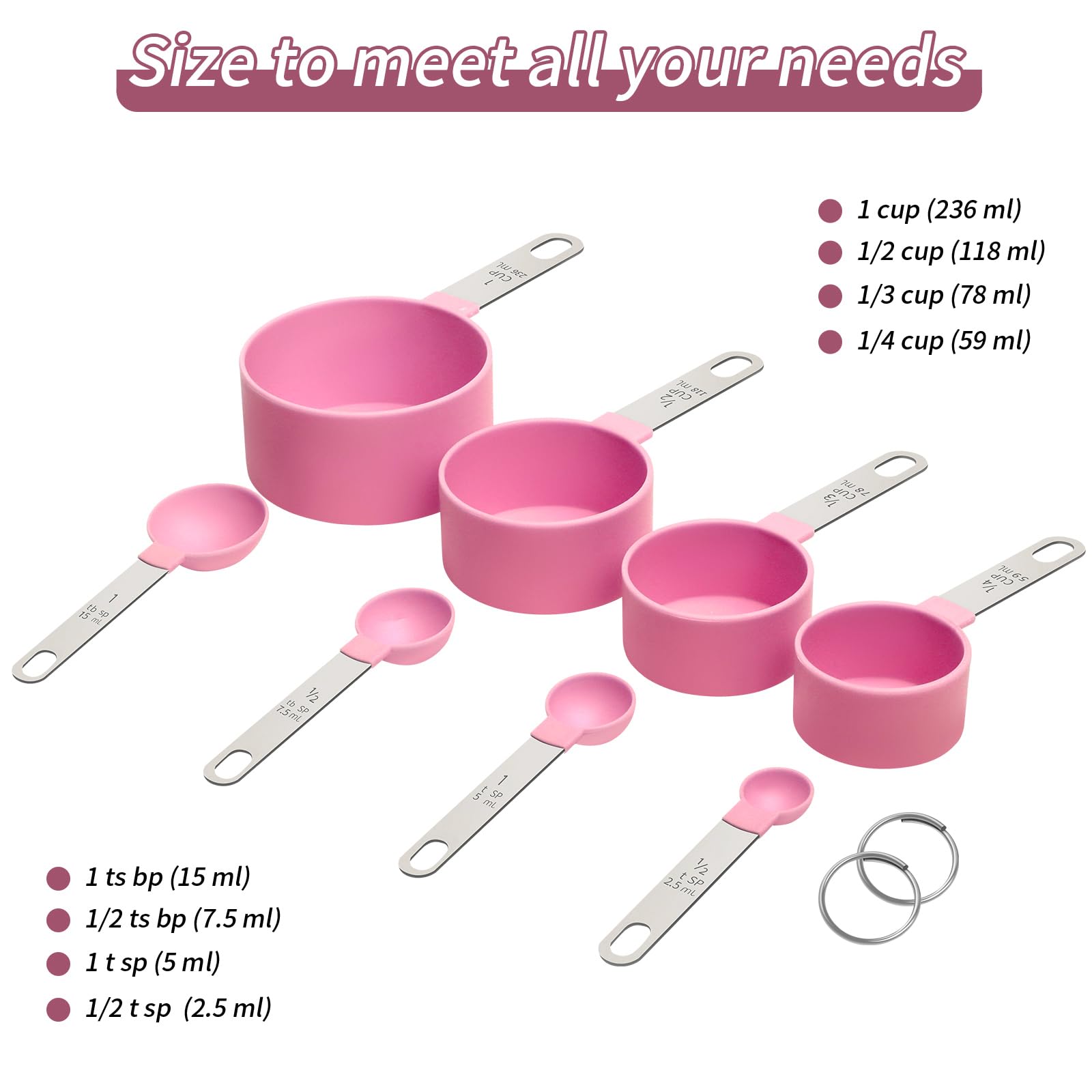 **Stainless Steel Measuring Cups and Spoons Set - Nesting Dry & Liquid Measuring Cups with Plastic Handle - Baking & Cooking Essentials for Kitchen (Pink)**    Perfect for measuring flour, sugar, spices, oils, and liquids – ideal for baking, meal prep, and home cooking.