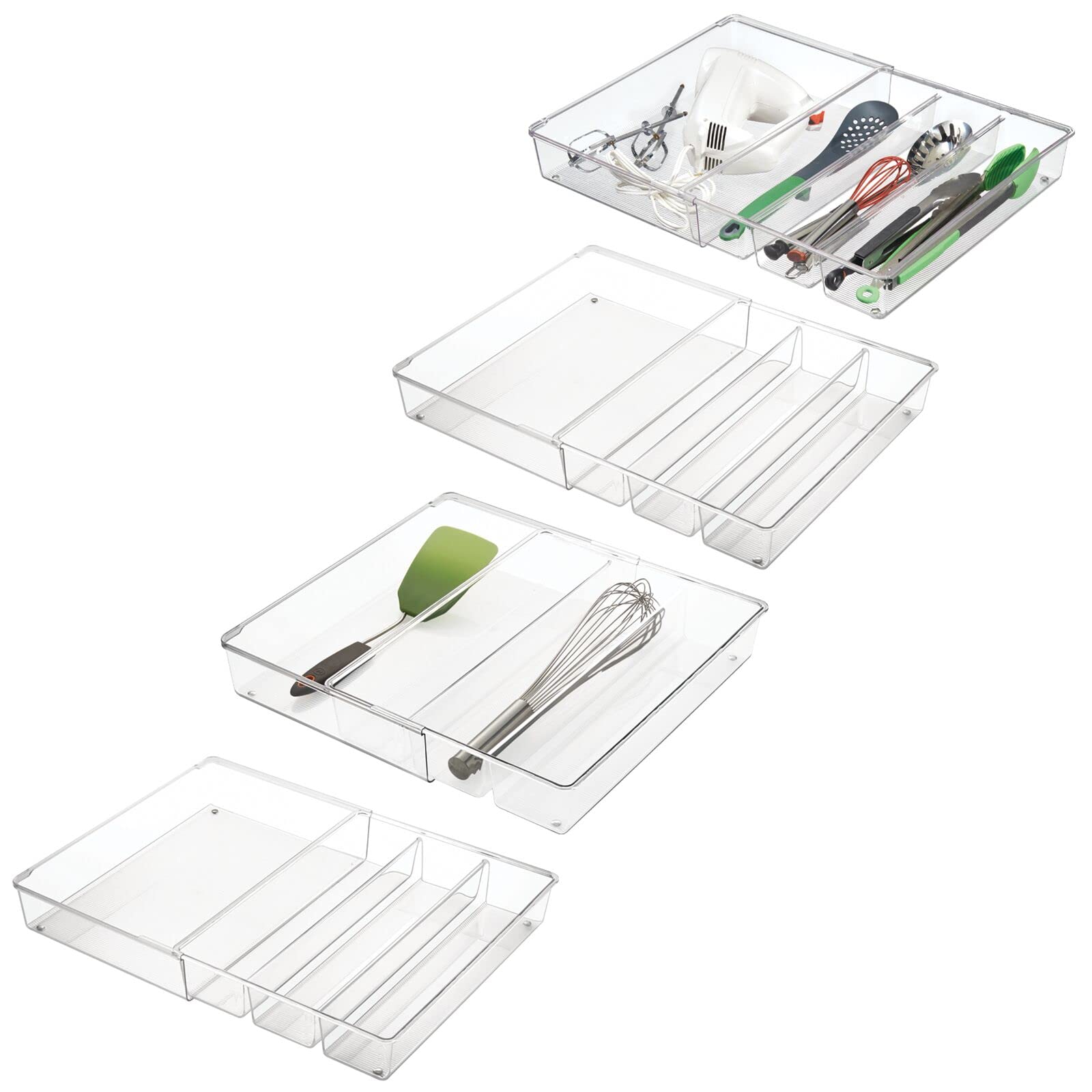 mDesign 4-Pack Clear Plastic Adjustable Expandable Drawer Organizer with 4 Compartments - Kitchen Pantry, Cabinet & Cupboard Storage for Silverware, Utensils, Cutlery - Perfect for Home Organization & Space Saving