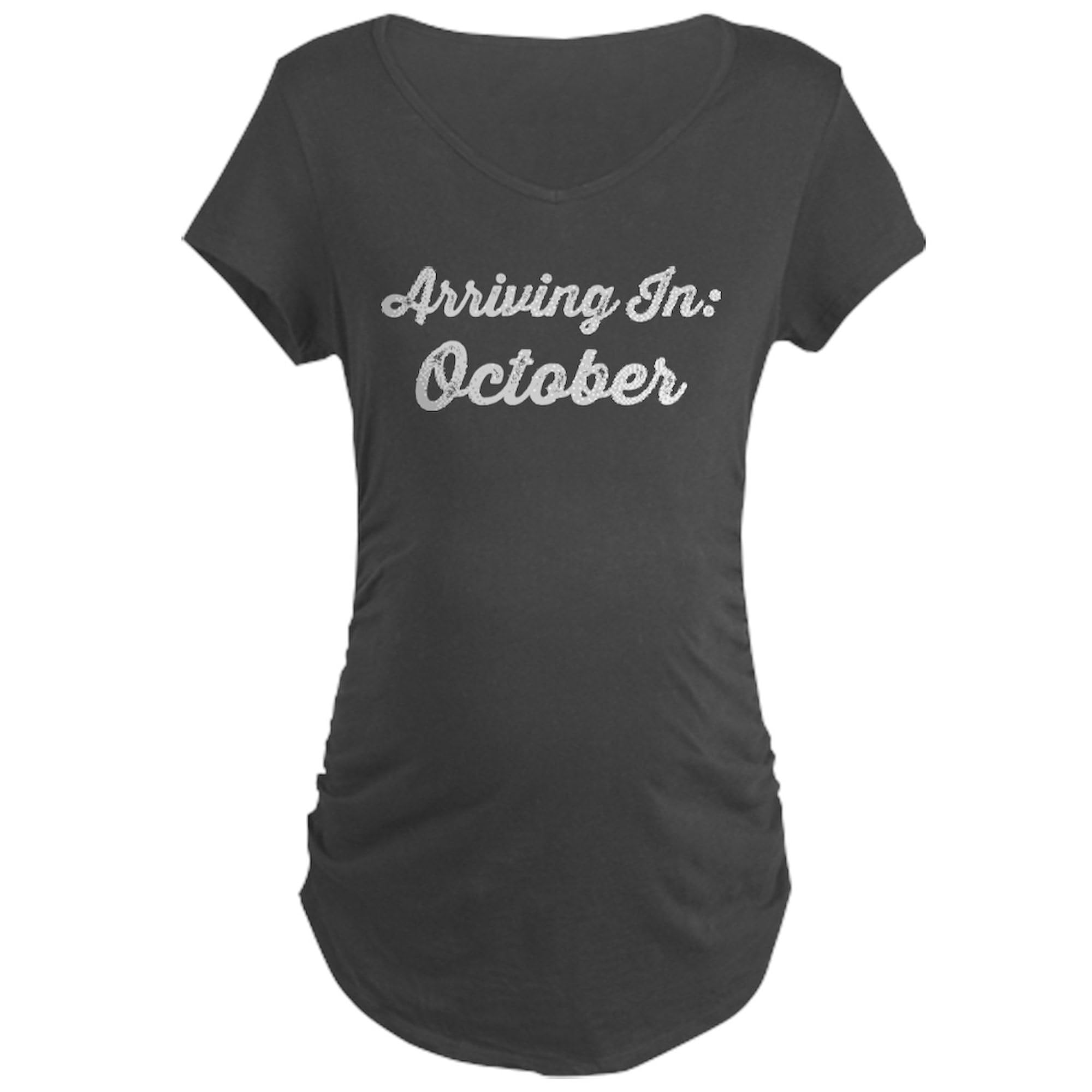 Arriving in October Due Date Maternity Dark T-Shirt - Women's Ruched Side Maternity Tee for Pregnancy Announcement & Baby Shower Gifts