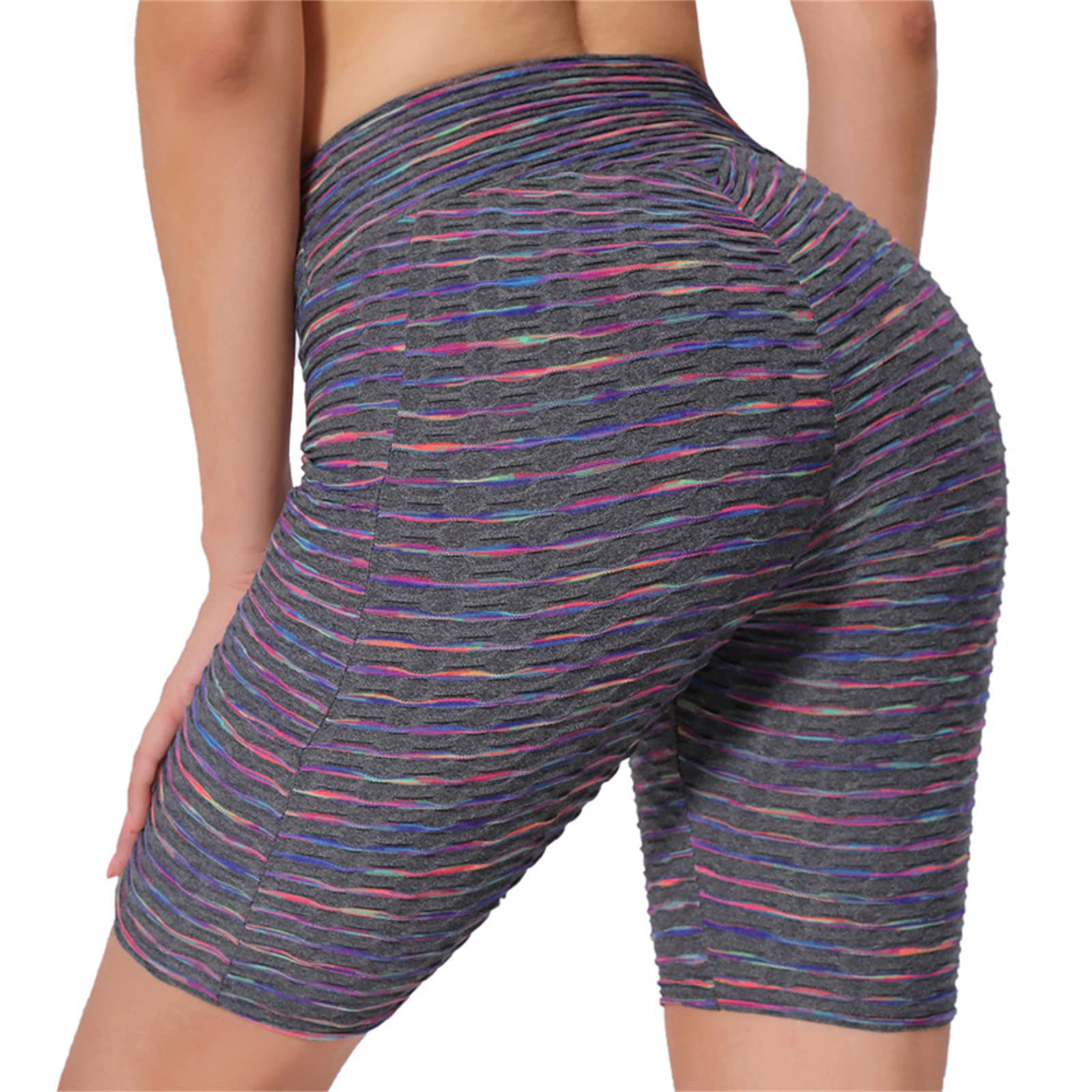 FUNEY Women's High Waist Yoga Shorts - Striped Multicolor Elastic Sports Pants (Black & White) for Yoga, Gym & Activewear