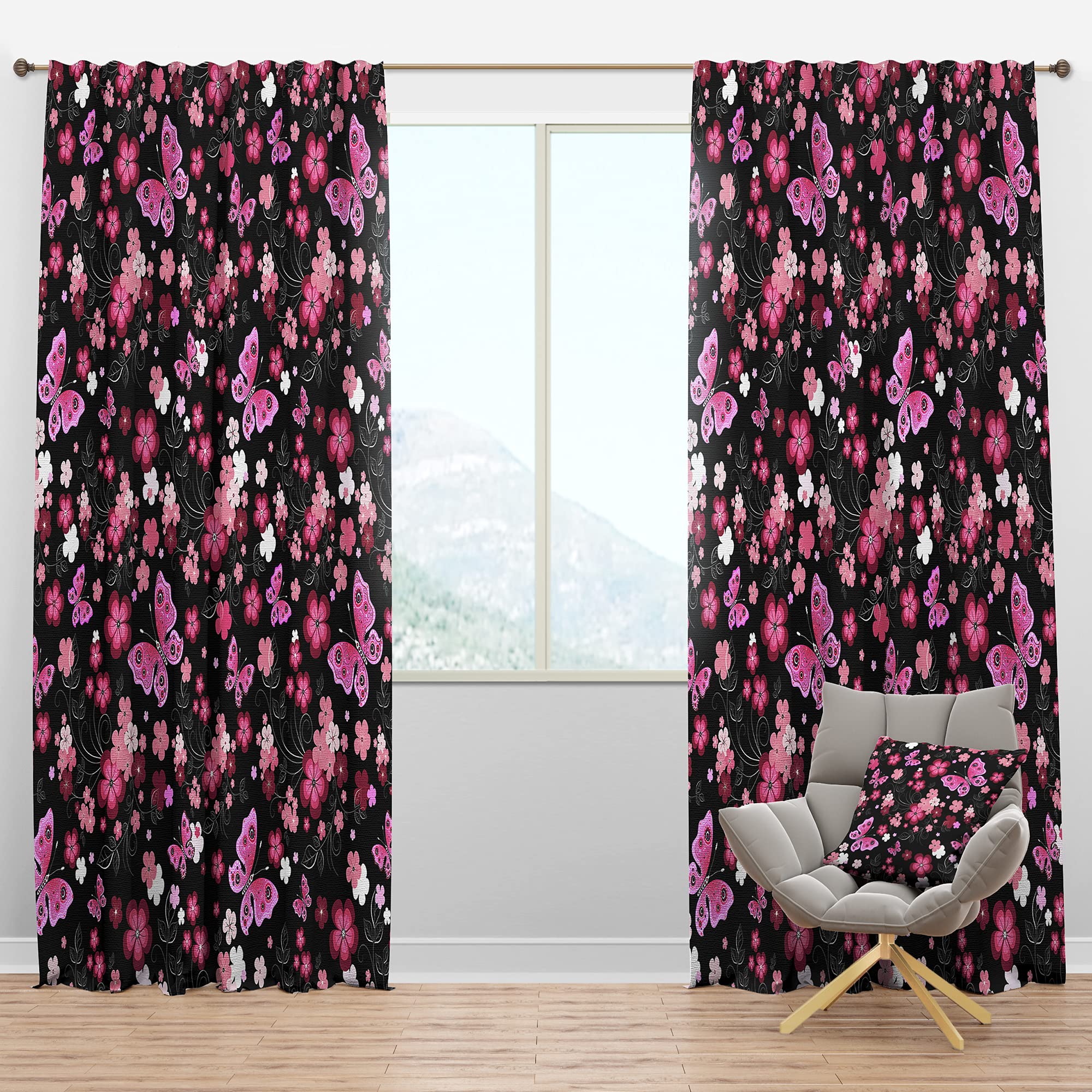 Blackout Curtains Pink Floral Butterfly Design - Thermal Insulated Room Darkening Drapes for Bedroom & Living Room - Single Panel 52x95 Inches - Perfect for Light Sleepers, Home Theater & Energy Efficiency