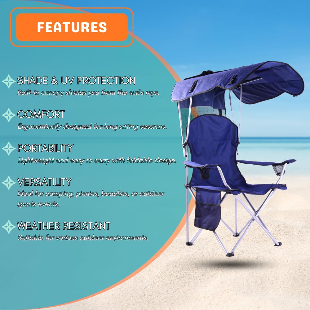 CozyBox Portable Folding Camping Chair with Canopy Shade - Heavy Duty 600D Oxford Fabric Beach Chair for Adults - Weather Resistant Outdoor Lounge Chair for Camping, Beach, Picnic, Backyard & Tailgating [Navy]