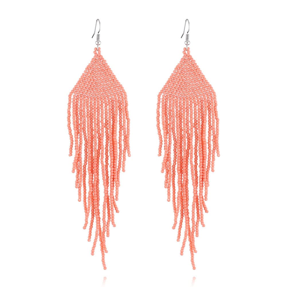 Handmade Long Beaded Tassel Earrings for Women - Boho Drop Fringe Dangle Earrings with Native Seed Beads | Perfect for Festivals, Parties and Boho Fashion Accessories