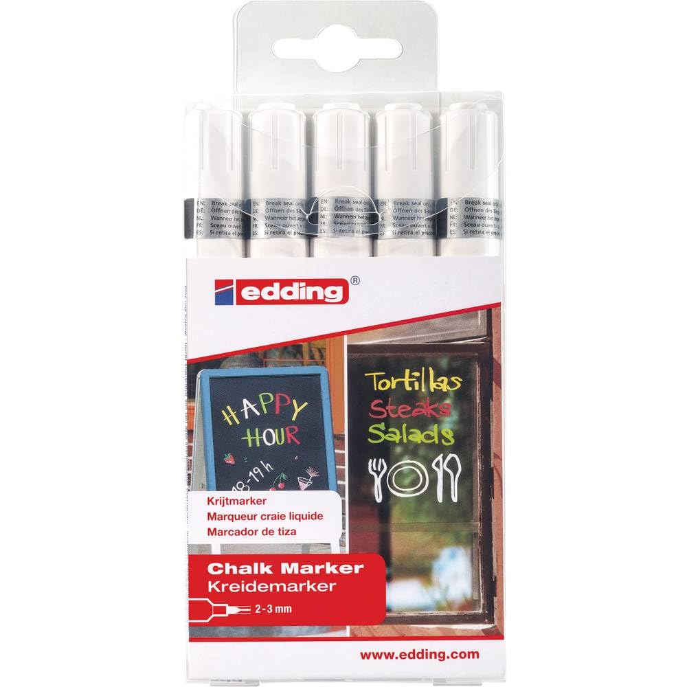 edding 4095 White Chalk Marker Pen Set - 5 Pack with 2-3mm Round Tip for Chalkboards, Windows, Glass & Mirrors | Opaque Liquid Chalk Markers for Restaurants, Cafes, Retail Signs & Event Decor
