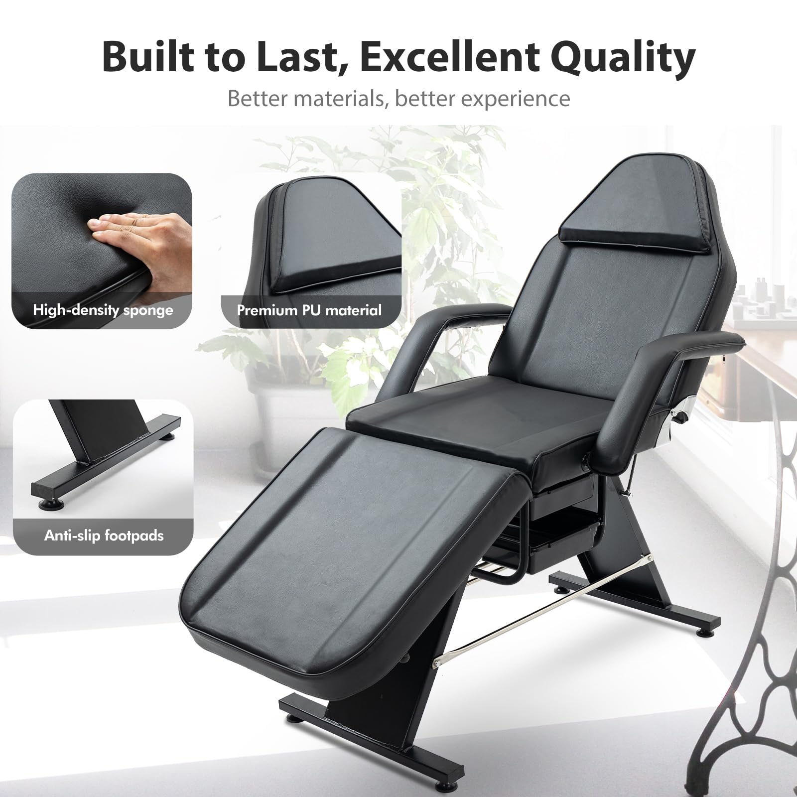 Professional Adjustable Folding Salon Bed with Hydraulic Stool - Esthetician Facial Bed with 2 Trays, Tattoo & Massage Chair for Beauty Spa, Lash Extensions & Skin Treatments - Perfect for Facial, Waxing, Massage Therapy in Salon & Home Use (Black)
