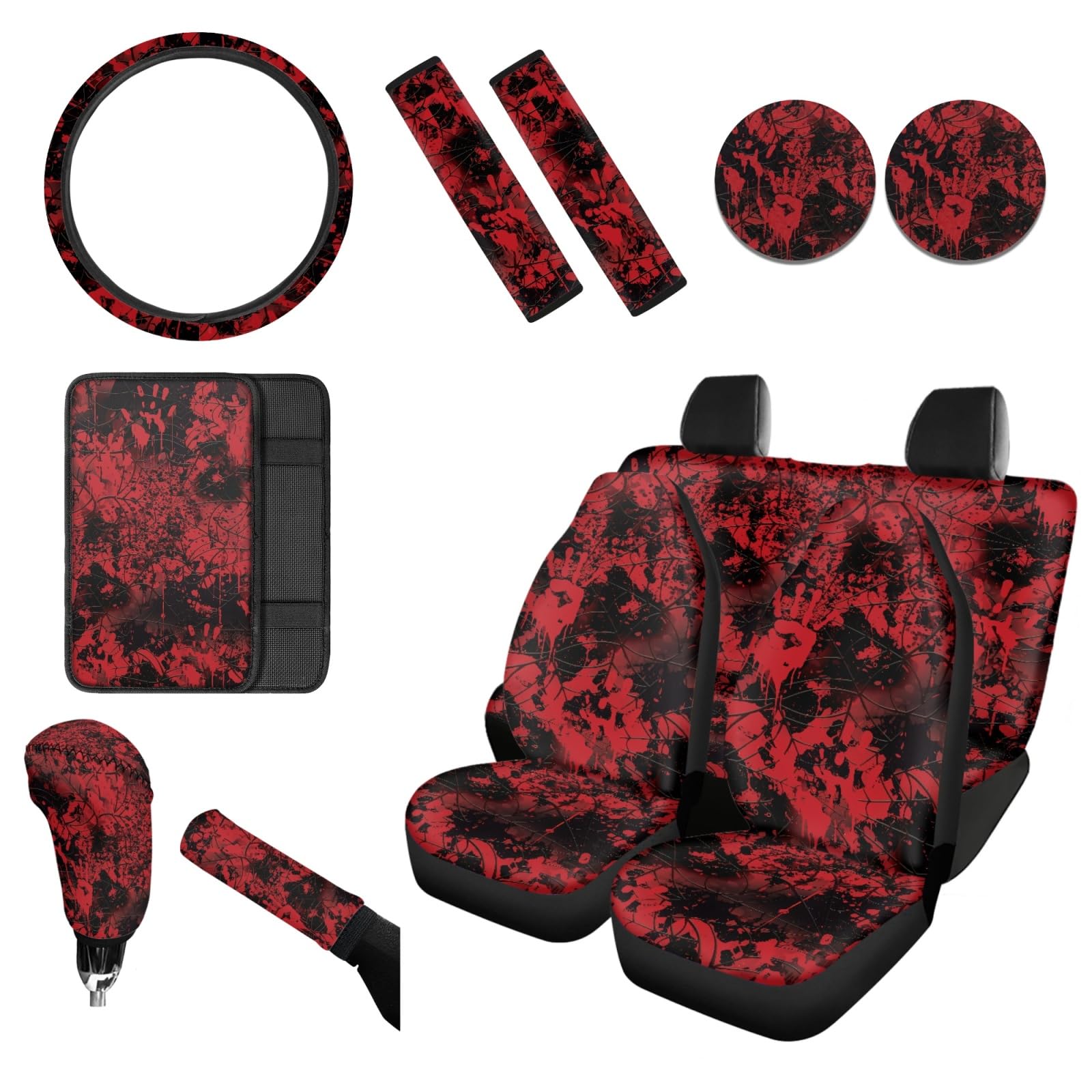 Premium Blood Print Car Seat Cover Full Set - Front & Back Seats, Steering Wheel Cover, Armrest Pad, Handbrake & Gear Shift Covers | Auto Seat Belt Pads & Cup Holder Coasters | Halloween & Horror Theme Car Accessories for Party Decorations & Themed Events