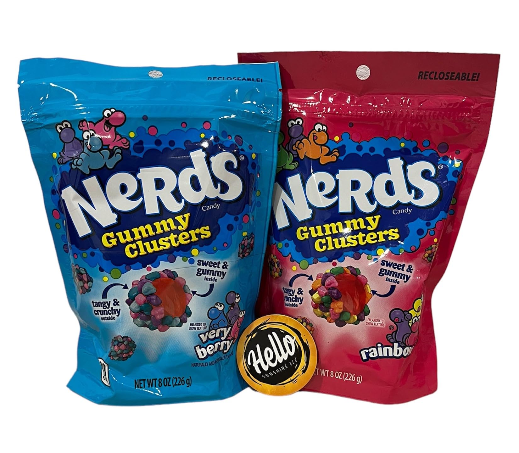 Nerds Gummy Clusters Candy - Rainbow & Very Berry Flavors - 2 Pack (8 oz Each) Resealable Bags - Bulk Candy for Parties, Halloween, Movie Nights & Snacking - Customized by Hello SunShine